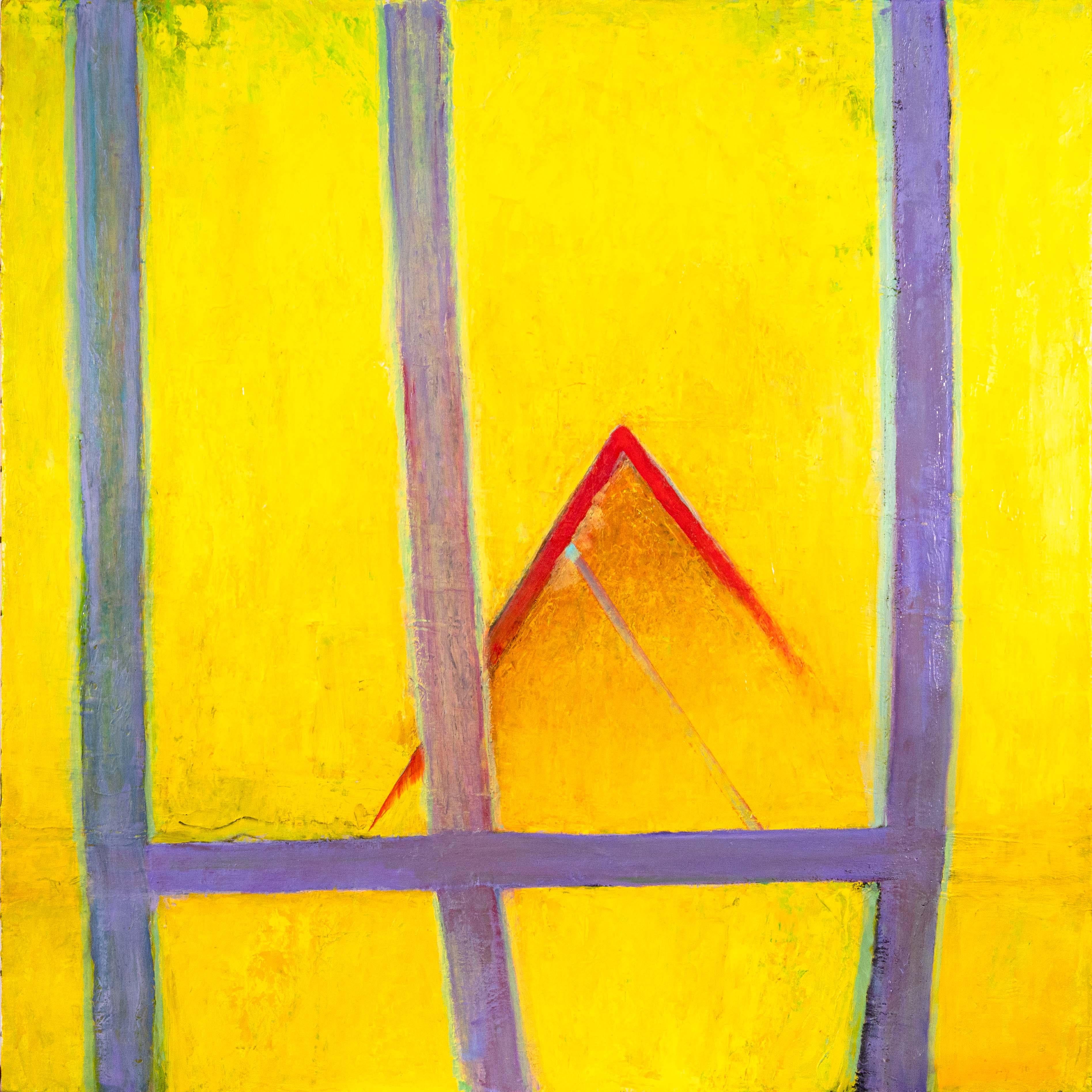 A modern abstract oil painting on canvas by Detroit artist Betty Woodward-Bosley. Circa 1970s. Bosley was a student of Sergio De Giusti. A bright yellow background with abstract lines and shapes in purple/blue and red. A striking composition and