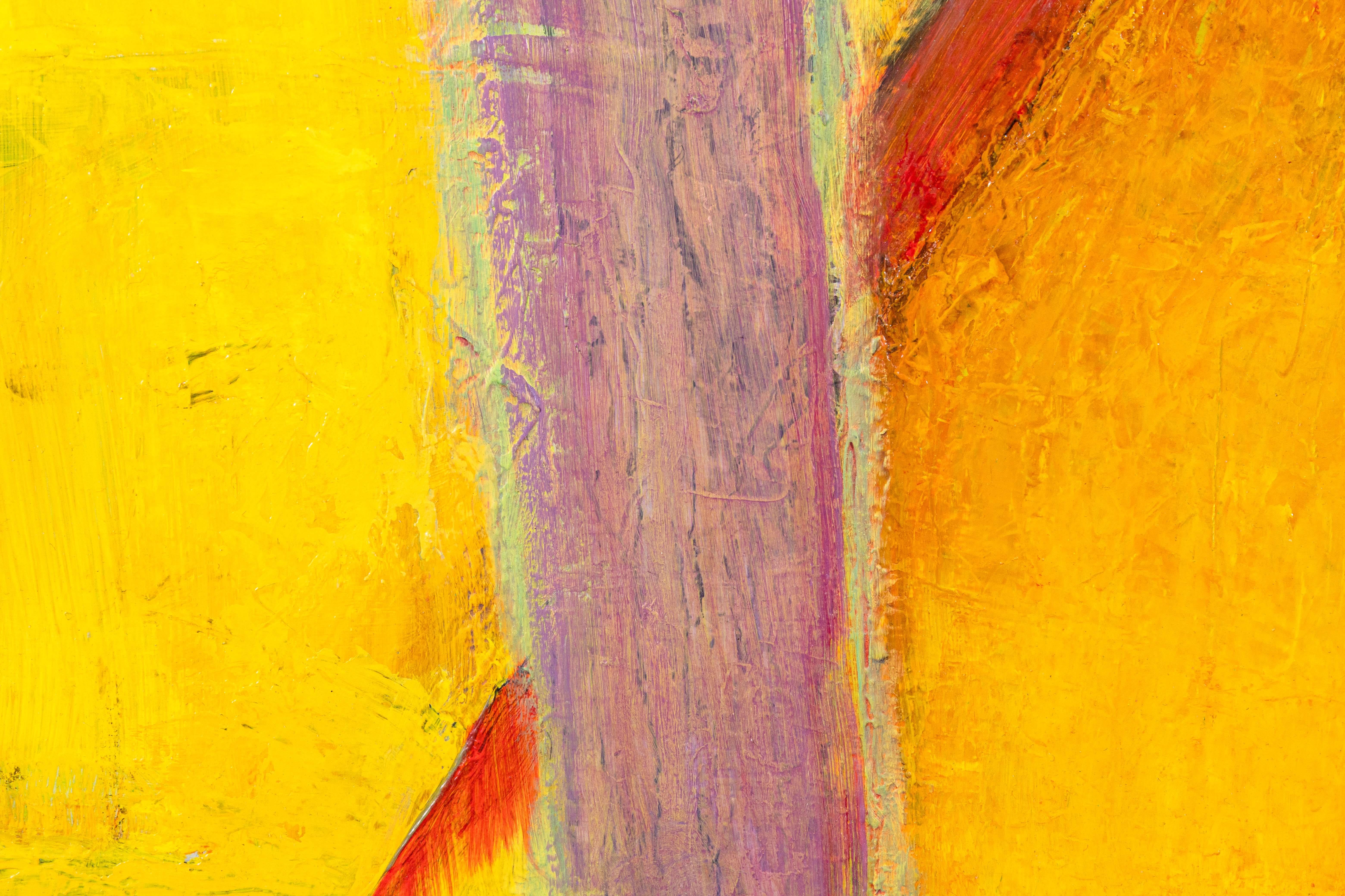 Late 20th Century Betty Woodward-Bosley Modern Abstract Yellow Purple Red Oil Painting on Canvas For Sale