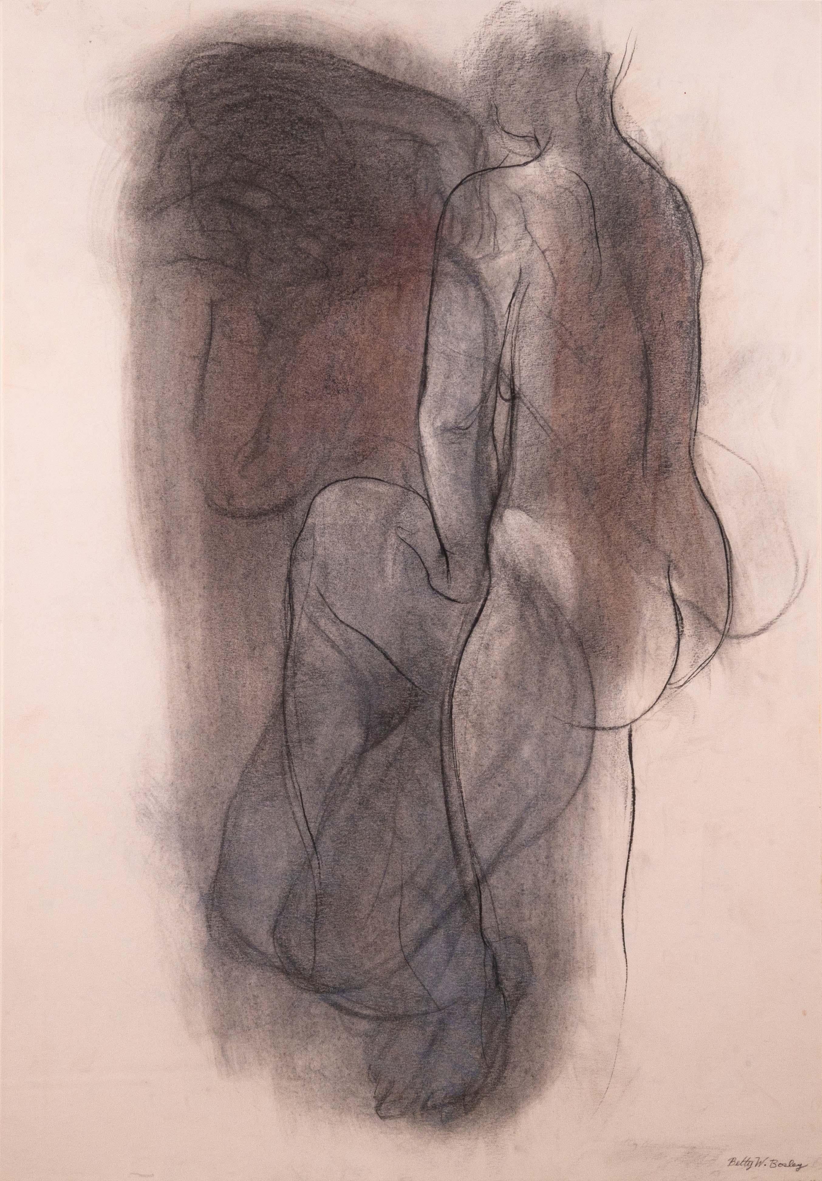 Américain Betty Woodward-Bosley Signé Modernity Figurative Chalk Drawing on Paper Encadré en vente