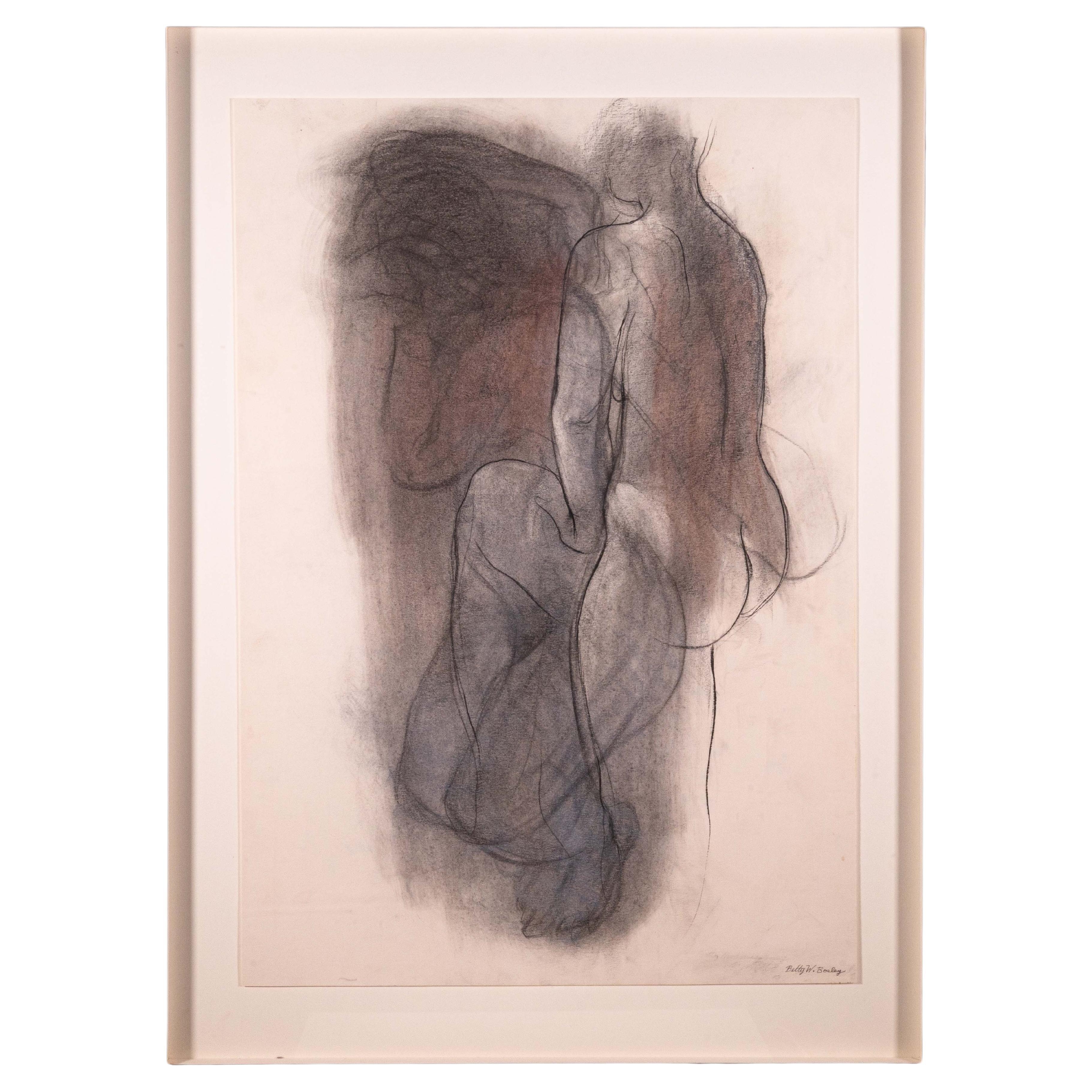 Betty Woodward-Bosley Signed Modern Figurative Chalk Drawing on Paper Framed