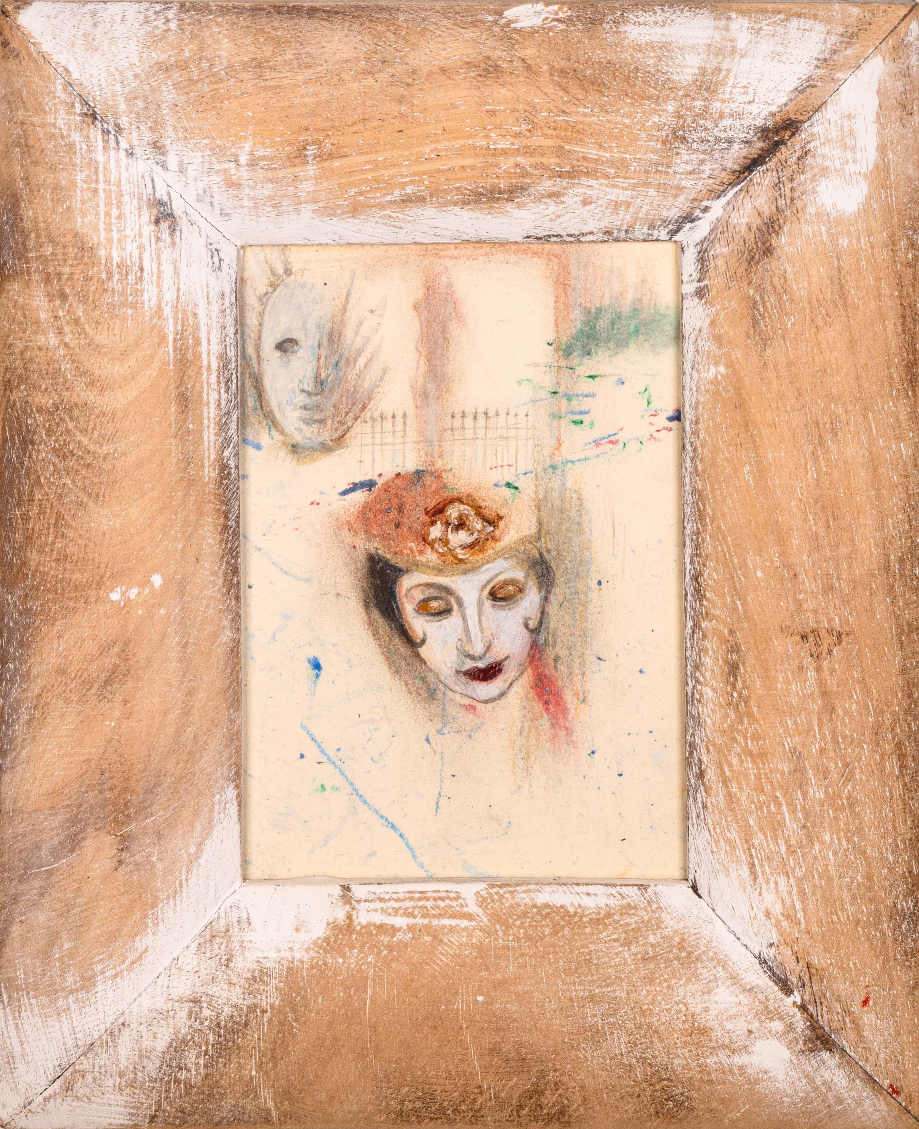 A surrealist drawing with color pencil and graphite on paper by Detroit artist Betty Woodward-Bosley. Created circa 1980s. Signed on verso as well as bottom right corner. Bosley was a student of Sergio De Giusti.  A dreamlike-composition depicting a