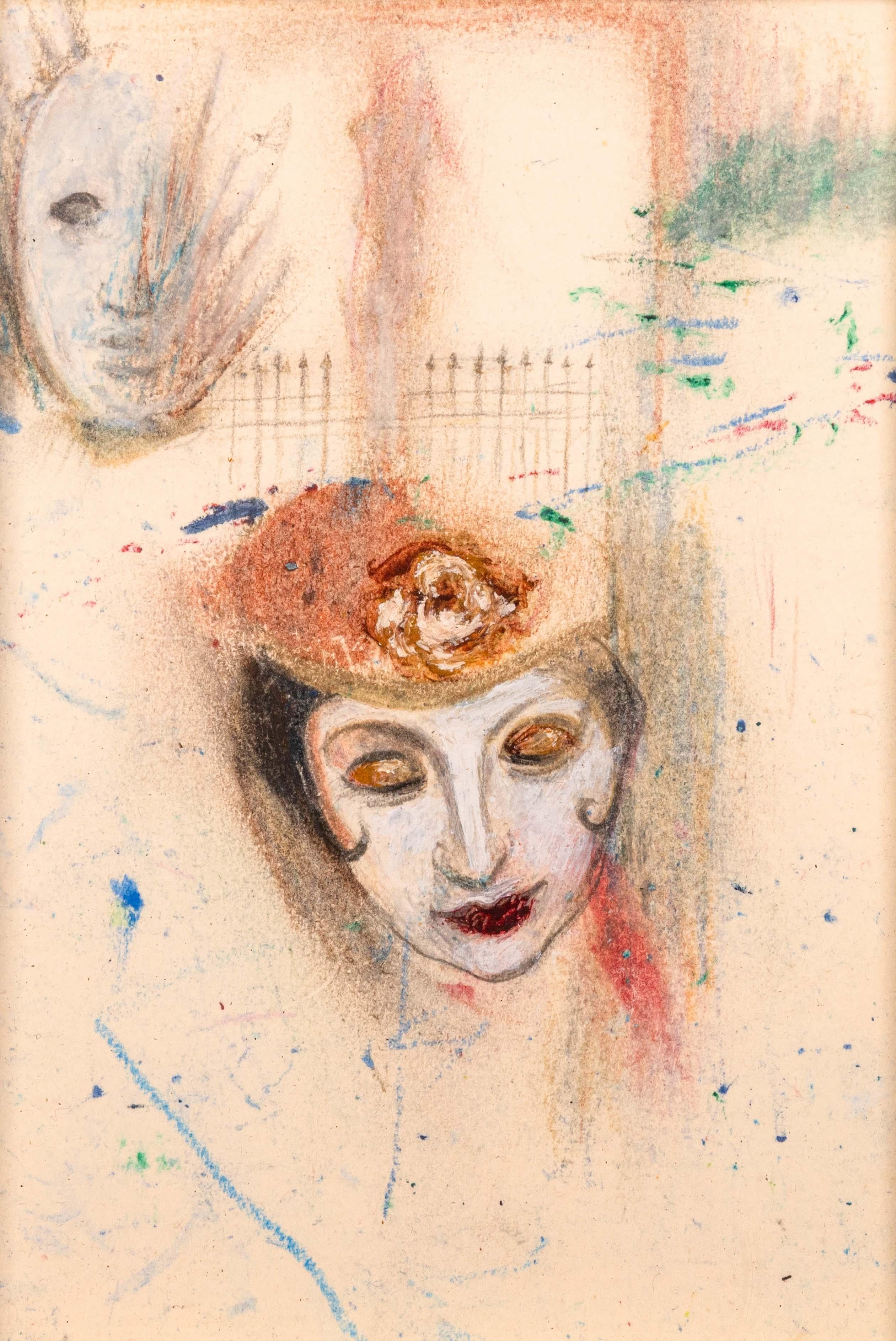 American Betty Woodward-Bosley Signed Surrealist Woman in Hat Drawing on Paper Framed For Sale