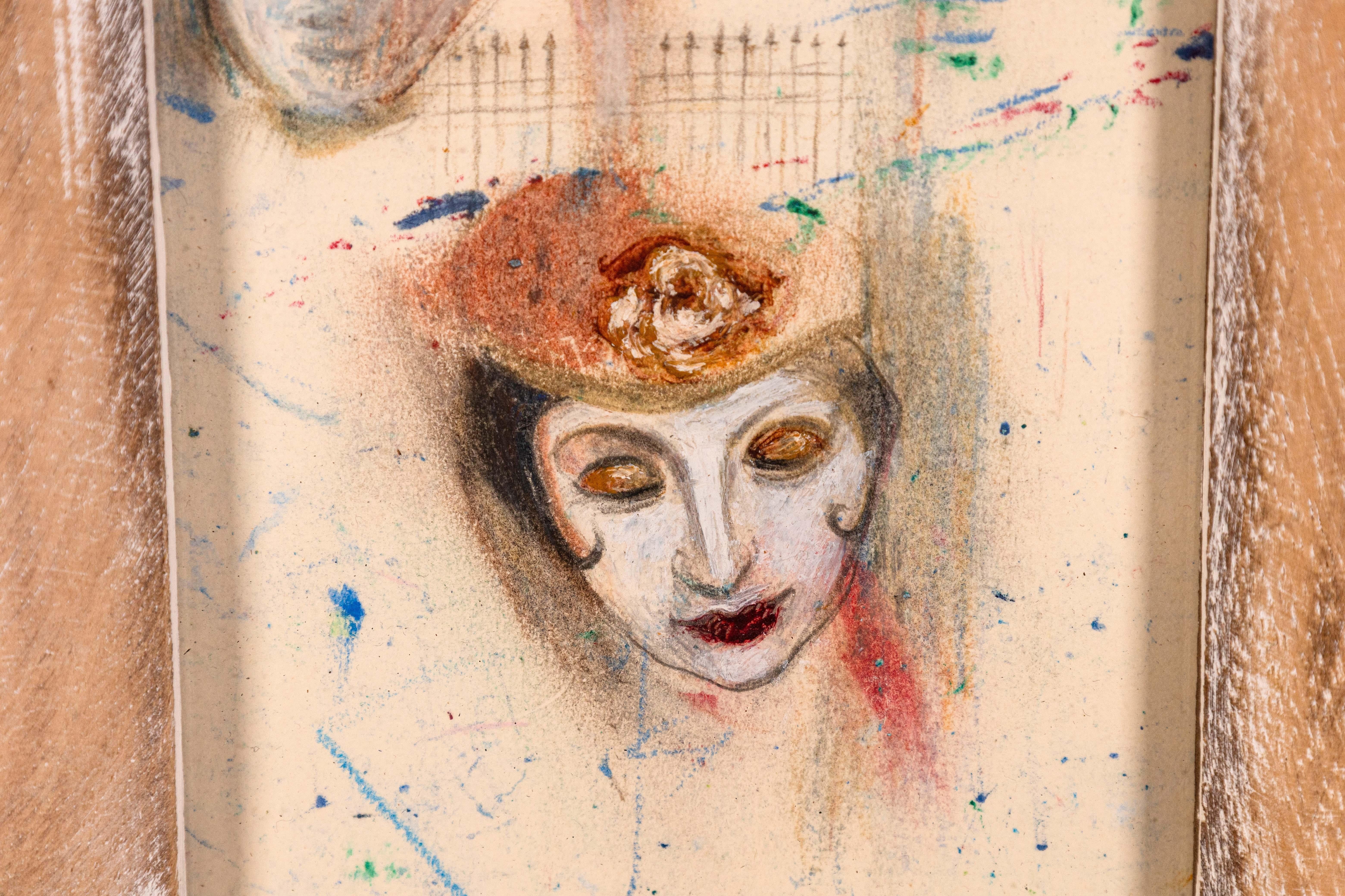 Betty Woodward-Bosley Signed Surrealist Woman in Hat Drawing on Paper Framed For Sale 1