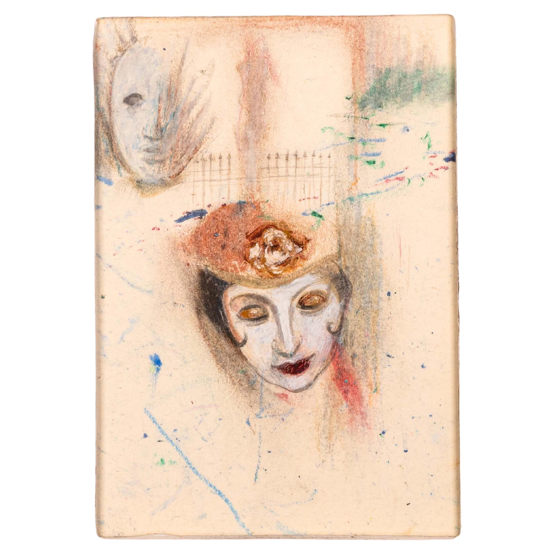 Betty Woodward-Bosley Signed Surrealist Woman in Hat Drawing on Paper Framed For Sale