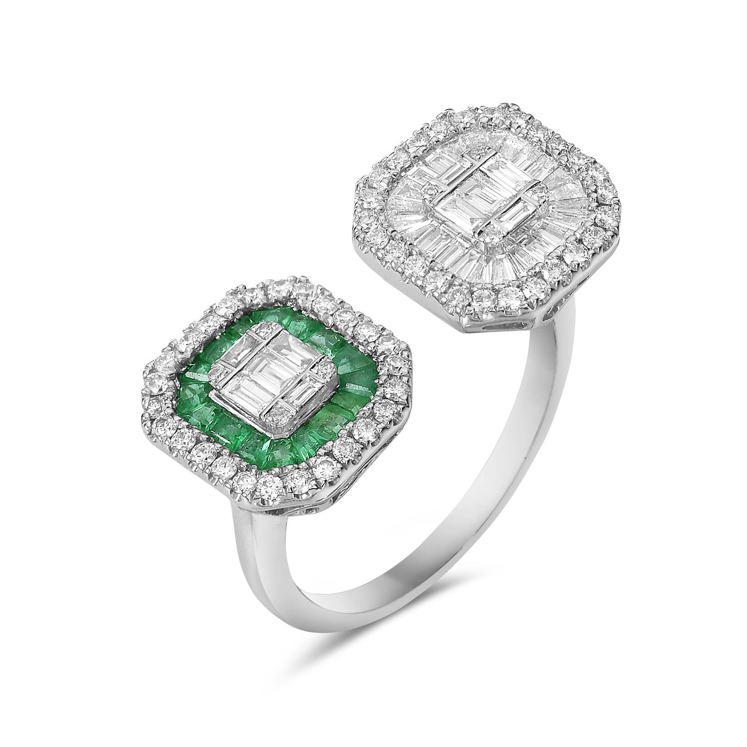 Artisan Between The Finger Ring With Emerald & Diamonds Made In 18k White Gold For Sale