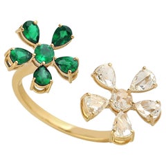 Between The Finger Rose Cut Diamond & Emerald Flower Ring In 18k Yellow Gold
