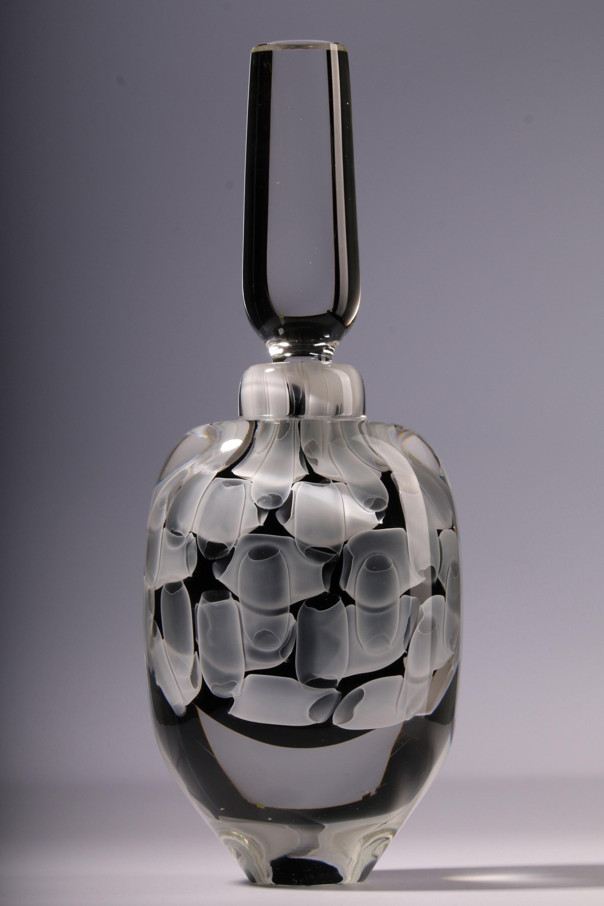 Hand-Crafted Beula, a Black, White & Clear Large Sculptural Glass Bottle by Peter Bowles For Sale