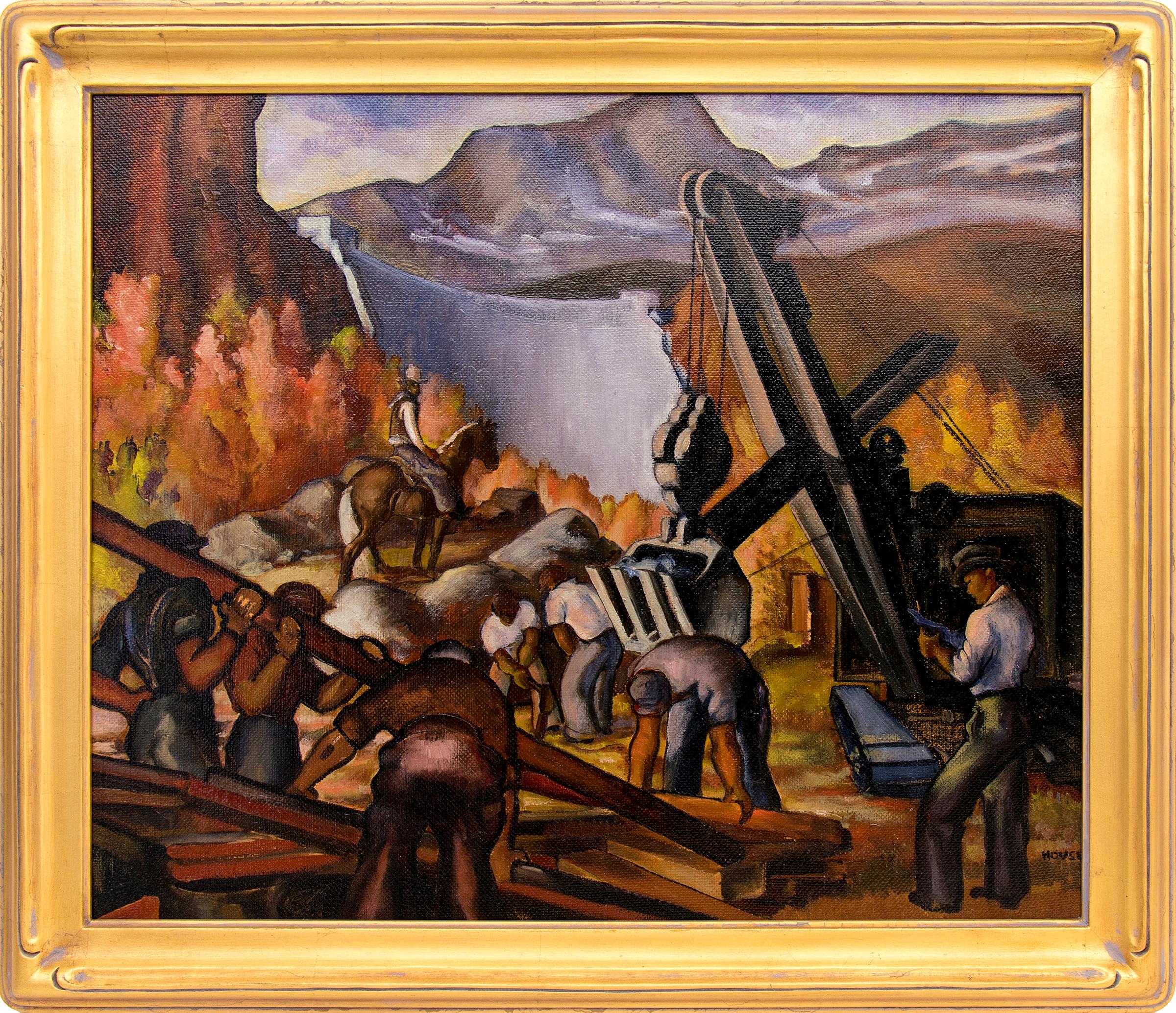 Beulah Beardsley Landscape Painting - Dam Construction in the Mountains Colorado, 1930s WPA Era American Scene Painting