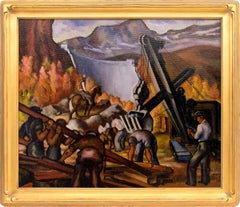 Dam Construction in the Mountains Colorado,1930s WPA Era American Scene Painting