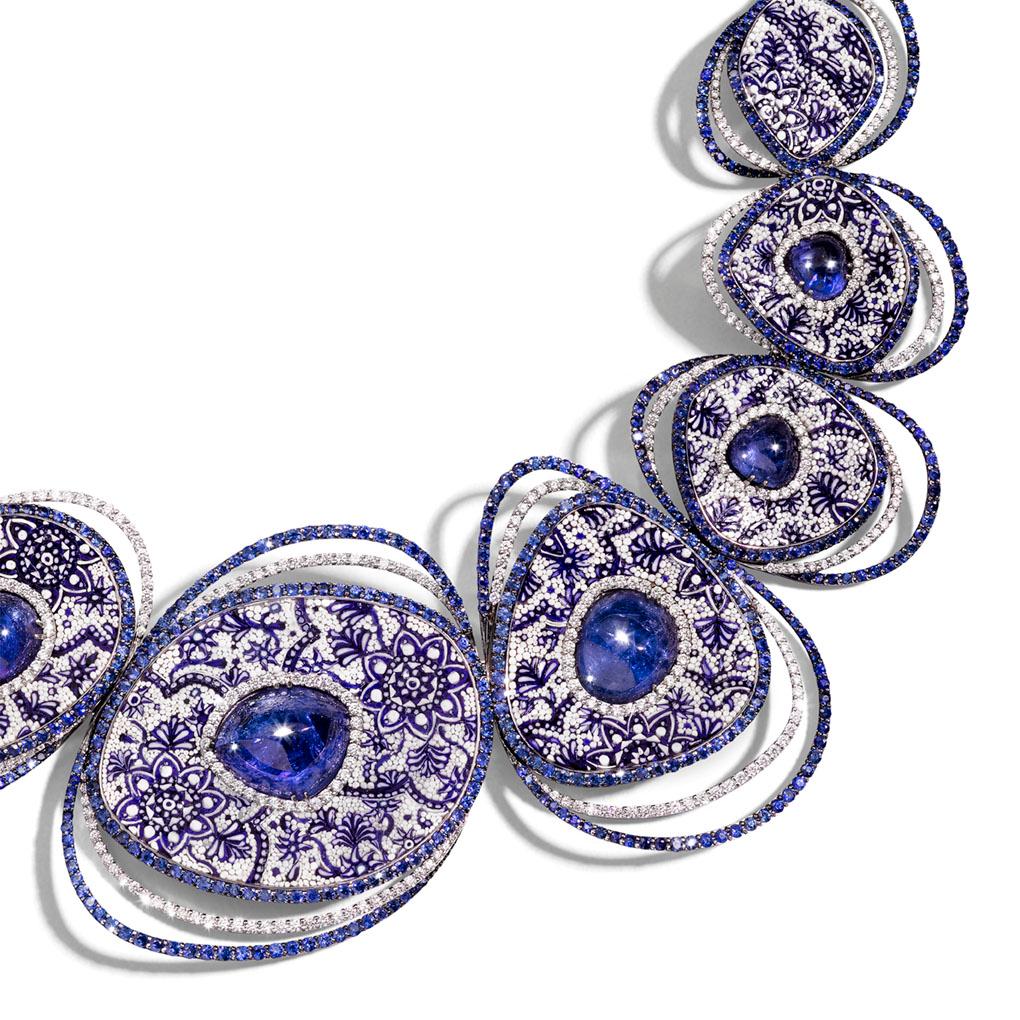 Cabochon Necklace White Gold White Diamonds Sapphires Tanzanite HandDecorated Micromosaic For Sale