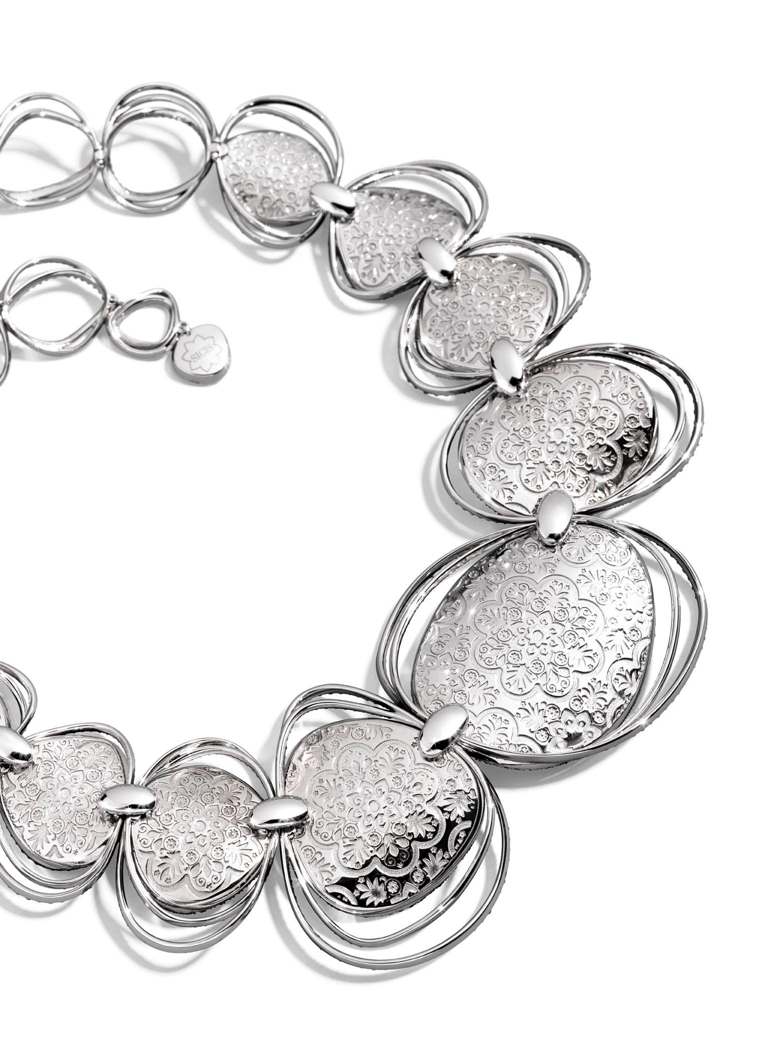 Halskette aus Weißgold mit weißen Diamanten, Saphiren und Tansanit, handdekoriert, Mikromosaik im Zustand „Neu“ im Angebot in London, GB