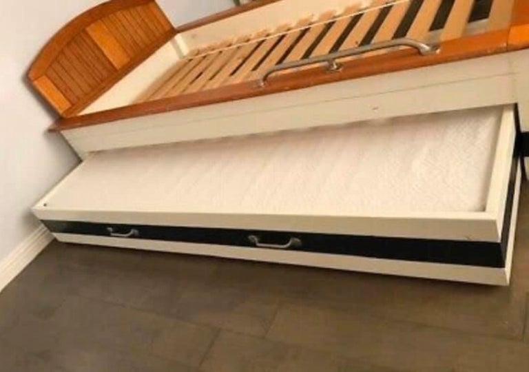 Beautiful Pottery Barn Boat Bed Trundle Storage Wood Deck Blue White For Sale at 1stdibs