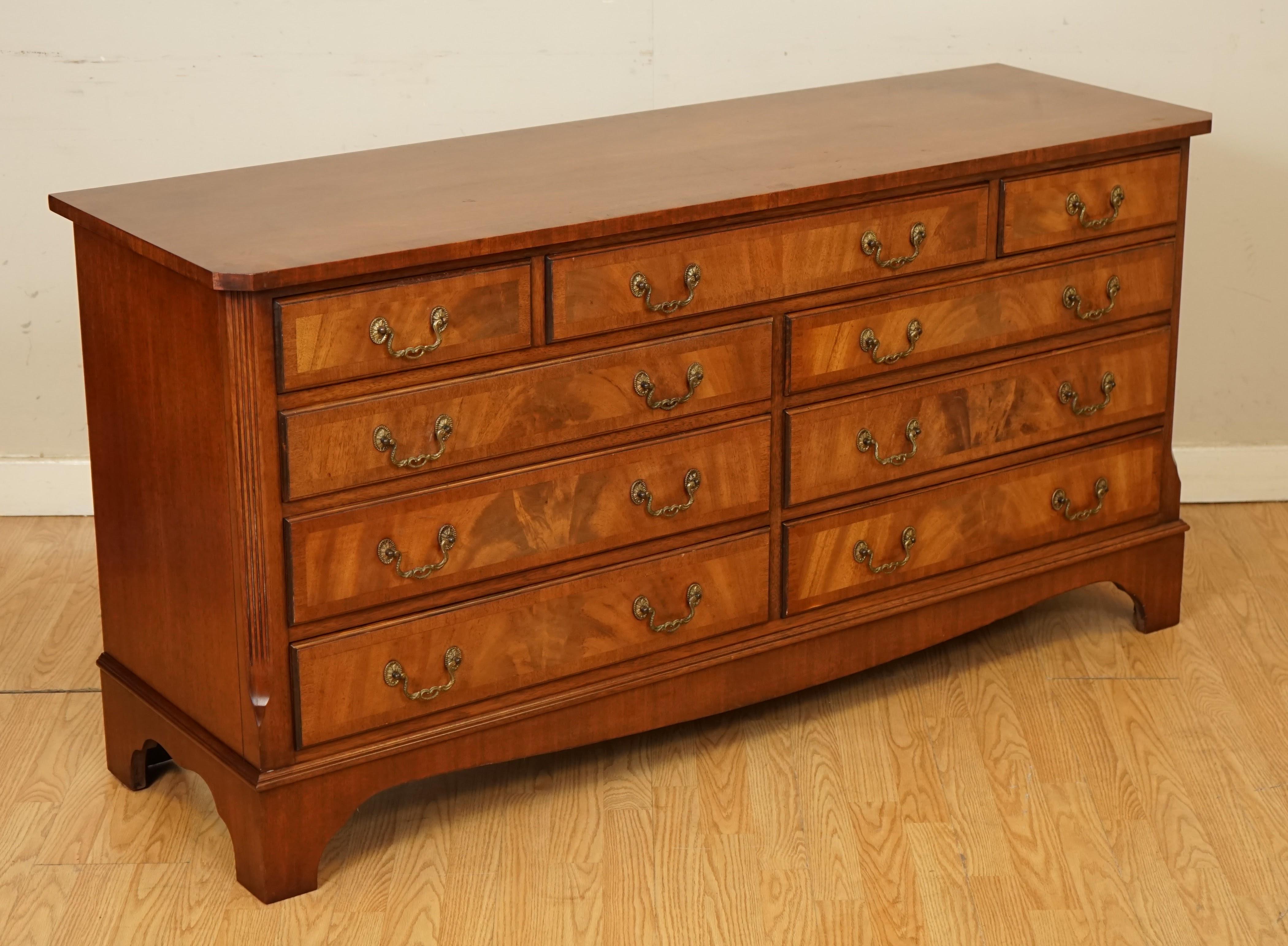 We are so excited to present to you a lovely mahogany sideboard by Bevan and Funnel.
It's a very well made and solid piece that holds graduated nine drawers.

We have lightly restored this item by hand cleaning, waxing and polishing.

Please