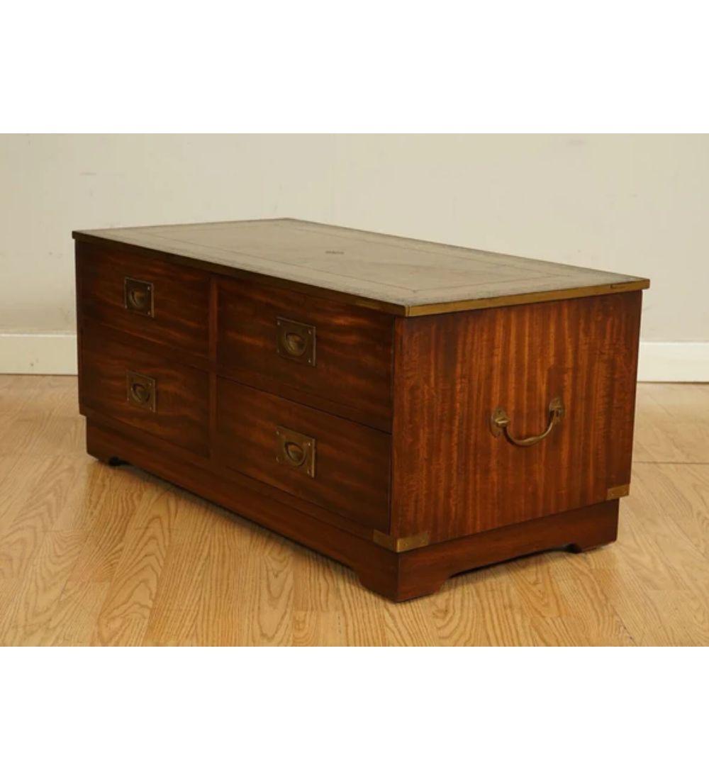 Bevan and Funnel Military Campaign Chest TV Stand with Brown Leather For Sale 4