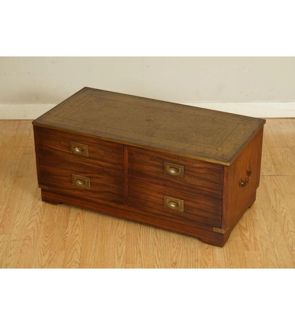 We are delighted to offer for sale this Bevan Funnell Military Campaign chest of drawers or TV stand.

This is a very good quality timeless piece made in England. The leather top is premium cowhide, not skiver, which is a lot thinner. 

It's all