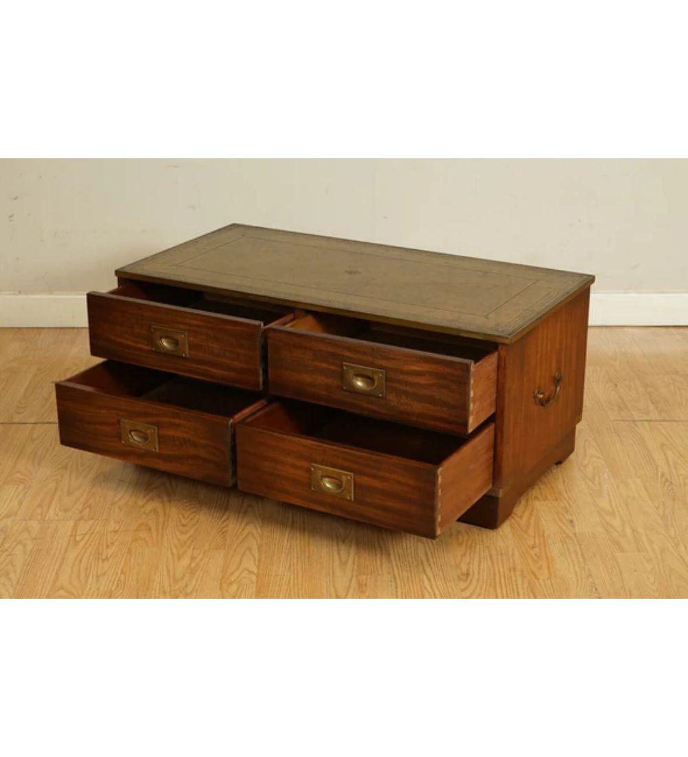 British Bevan and Funnel Military Campaign Chest TV Stand with Brown Leather For Sale