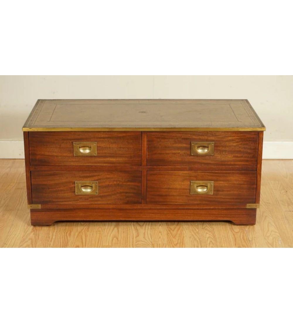 Hand-Crafted Bevan and Funnel Military Campaign Chest TV Stand with Brown Leather For Sale