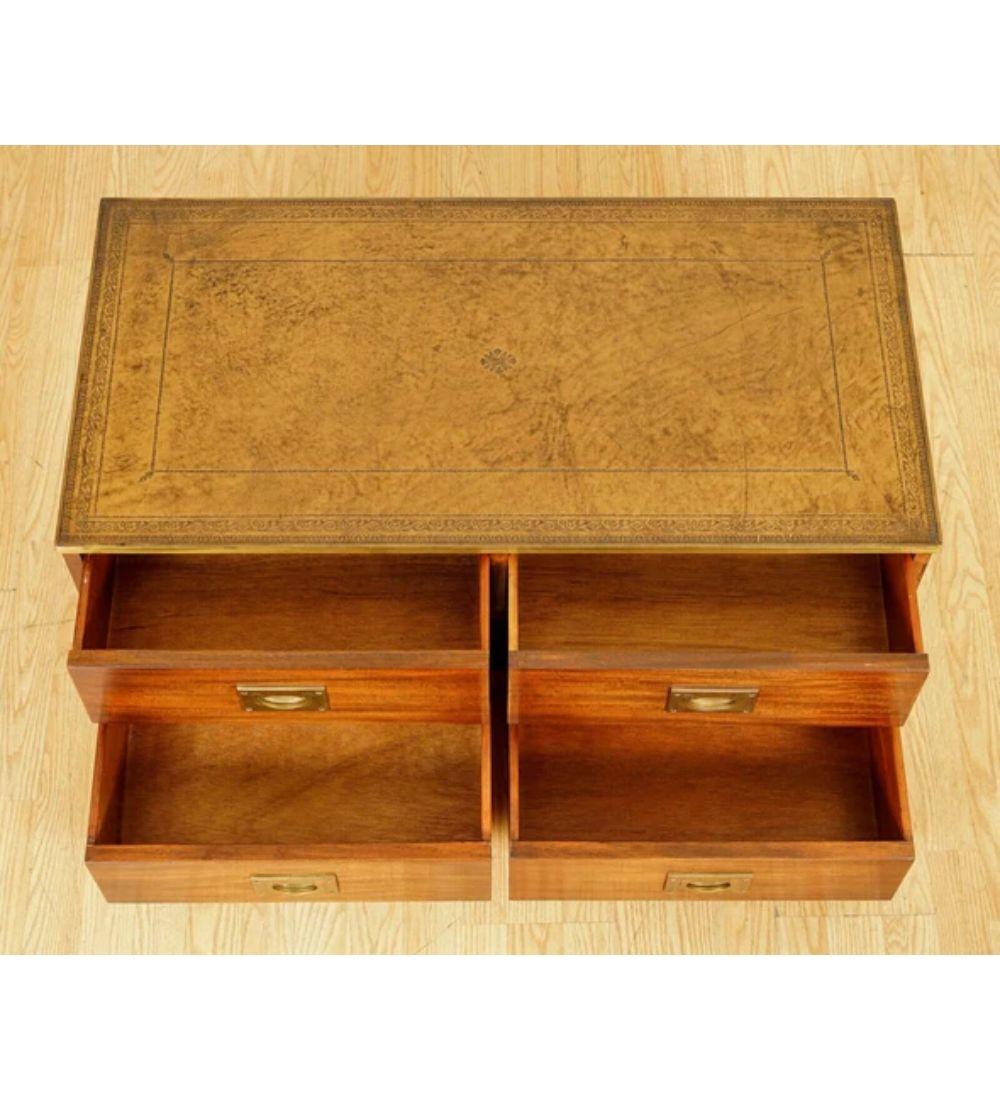 20th Century Bevan and Funnel Military Campaign Chest TV Stand with Brown Leather For Sale