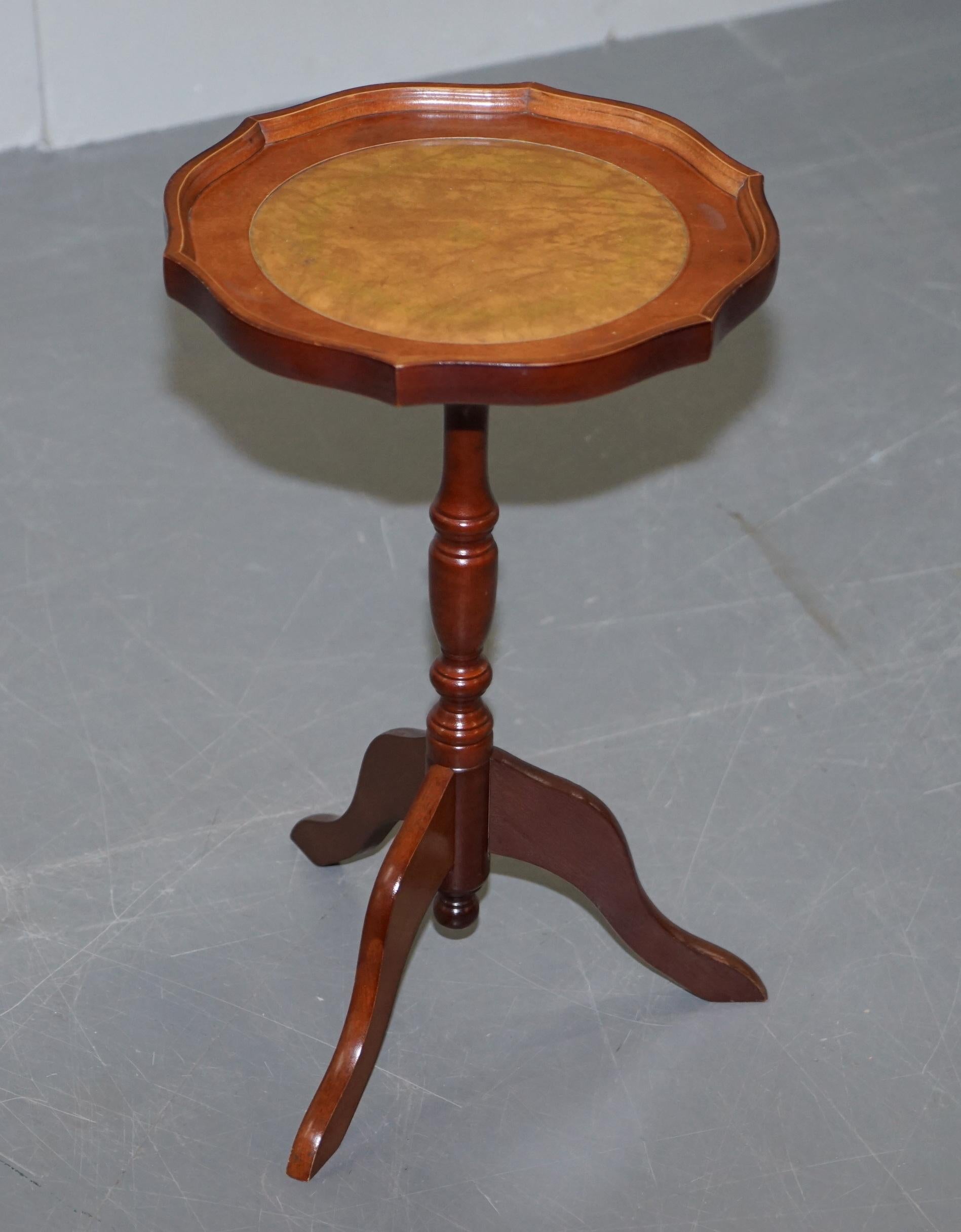 Victorian Bevan Funell Charming Brown Leather Vintage Hardwood Tripod Lamp Side End Table For Sale