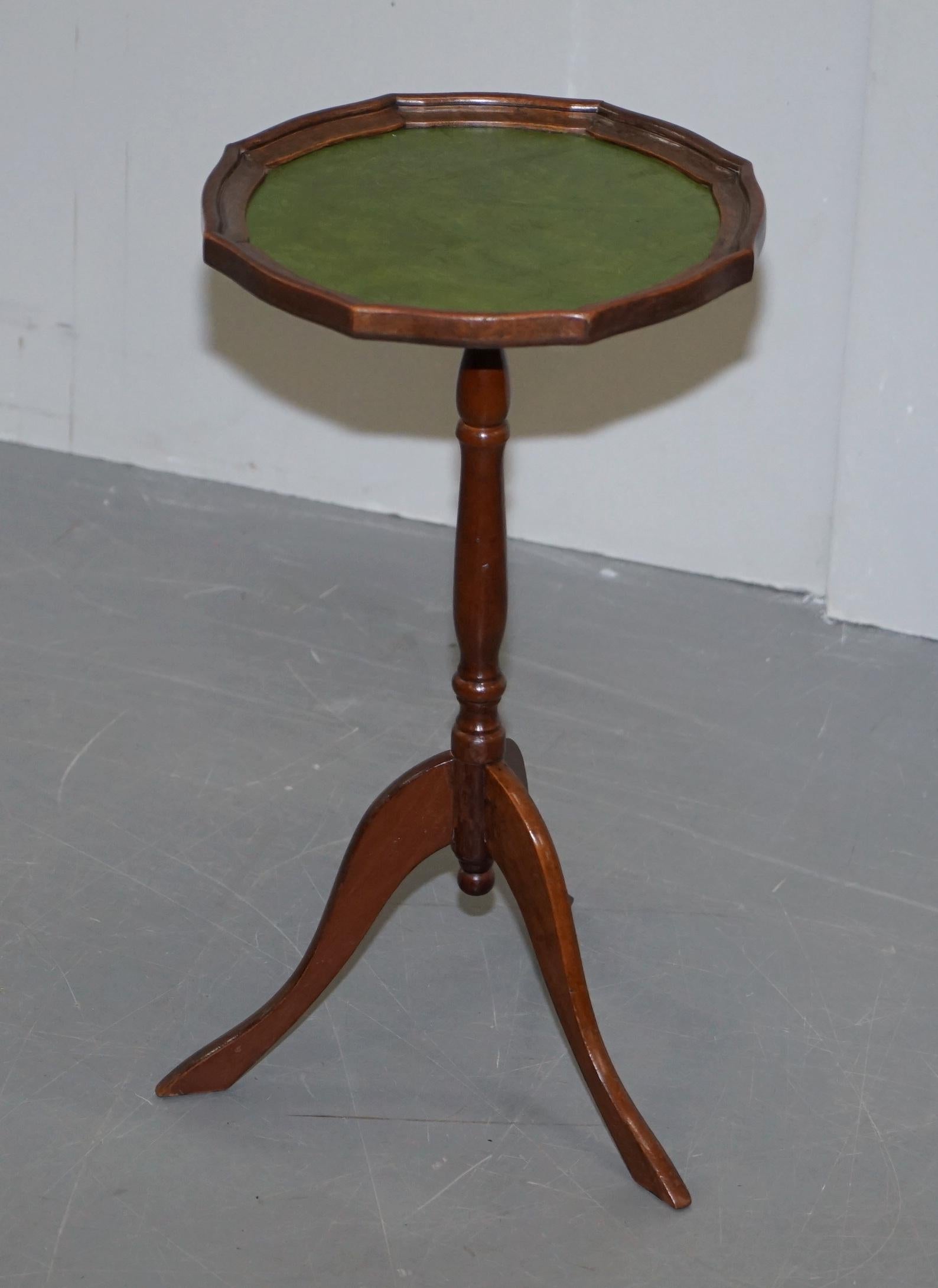 Victorian Bevan Funell England Green Leather Vintage Hardwood Tripod Lamp Side End Table For Sale