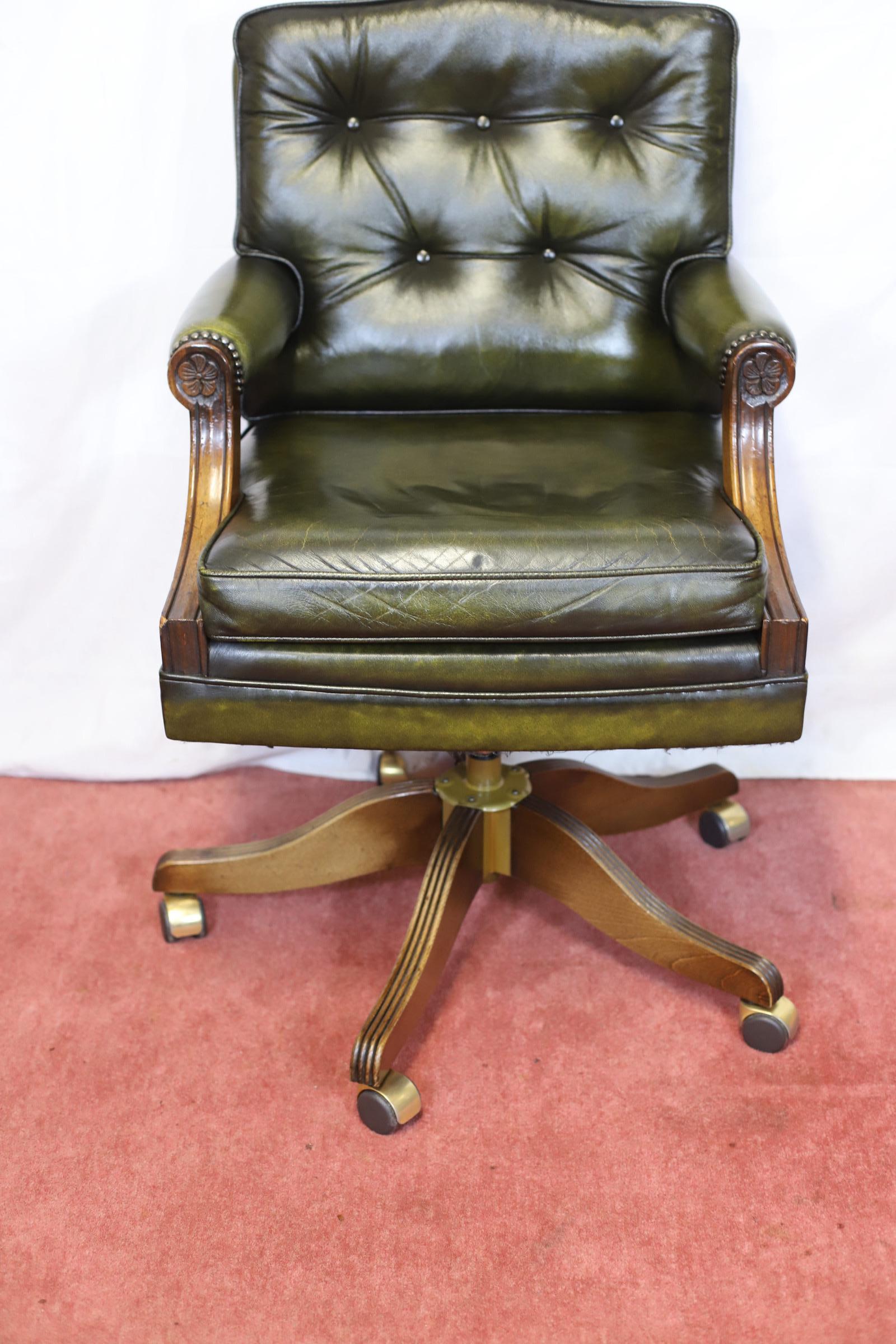 British Bevan Funnel Reprodux , Stunning Walnut And Leather Swivel Chair For Sale