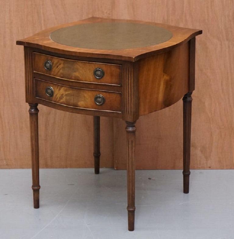 British Bevan Funnell Bedside Occasional Table with Two Drawers and Green Leather Top For Sale