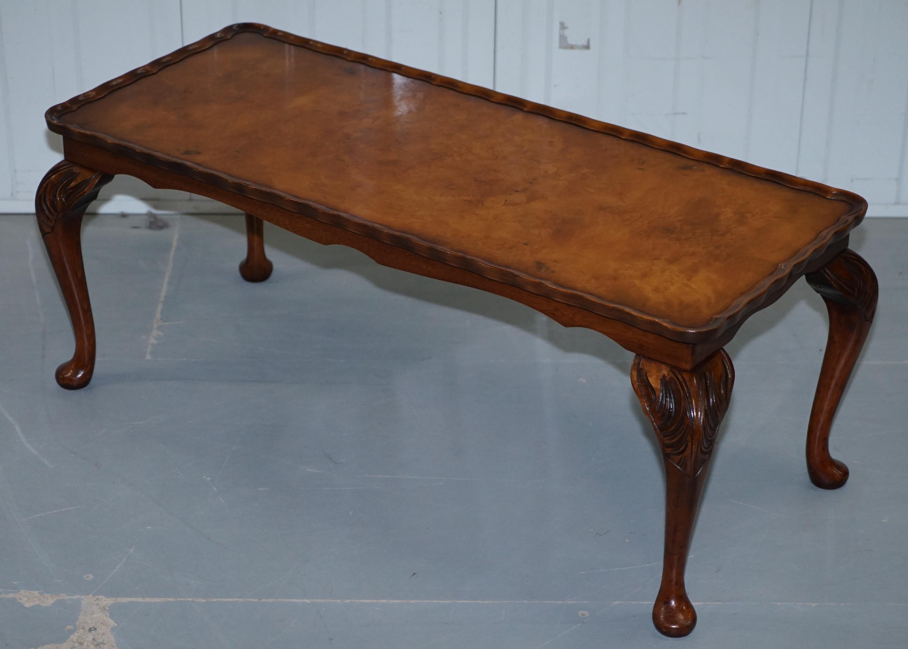 We are delighted to offer for sale this stunning Bevan Funnell vintage Burr Walnut coffee table with Elegant cabriolet legs 

A very decorative piece with a timber patina to die for, the Walnut is expertly cut and looks glorious. The table has lots