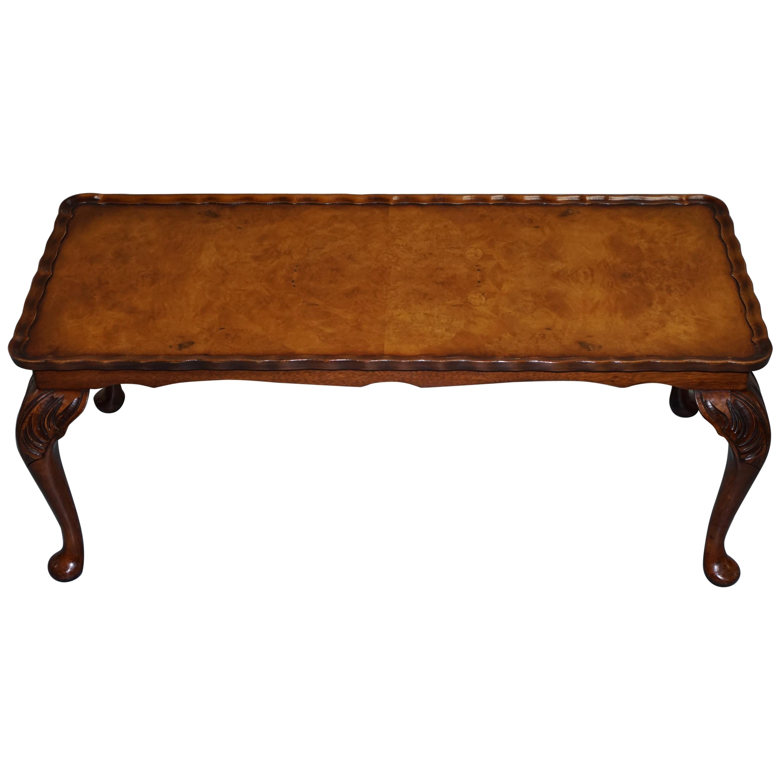 Bevan Funnell Burr Walnut Cut Coffee Table with Elegant Long Cabriolet Legs