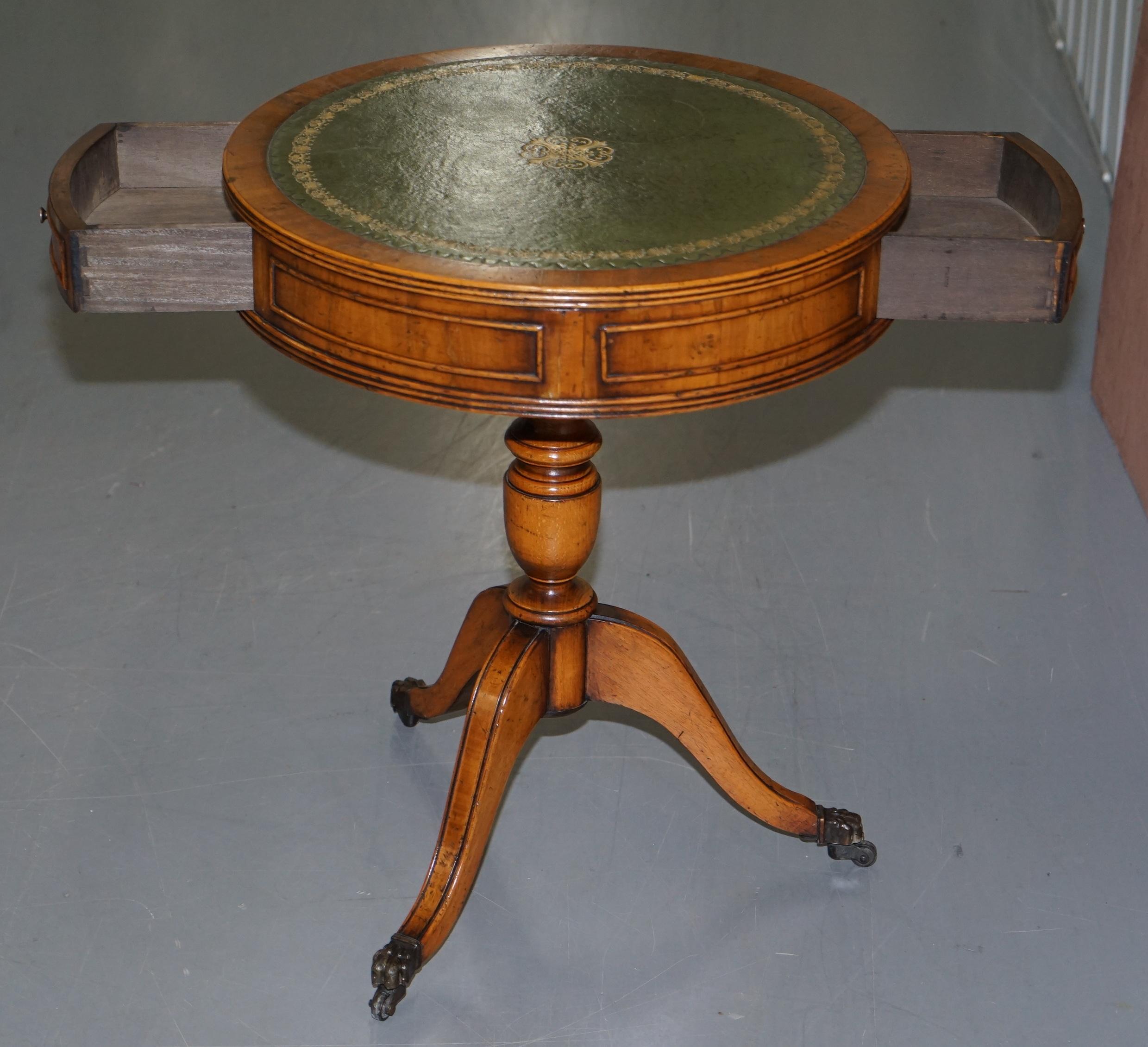 Bevan Funnell Burr Yew Regency Green Leather Drum Side Lamp Wine Table Drawer 9