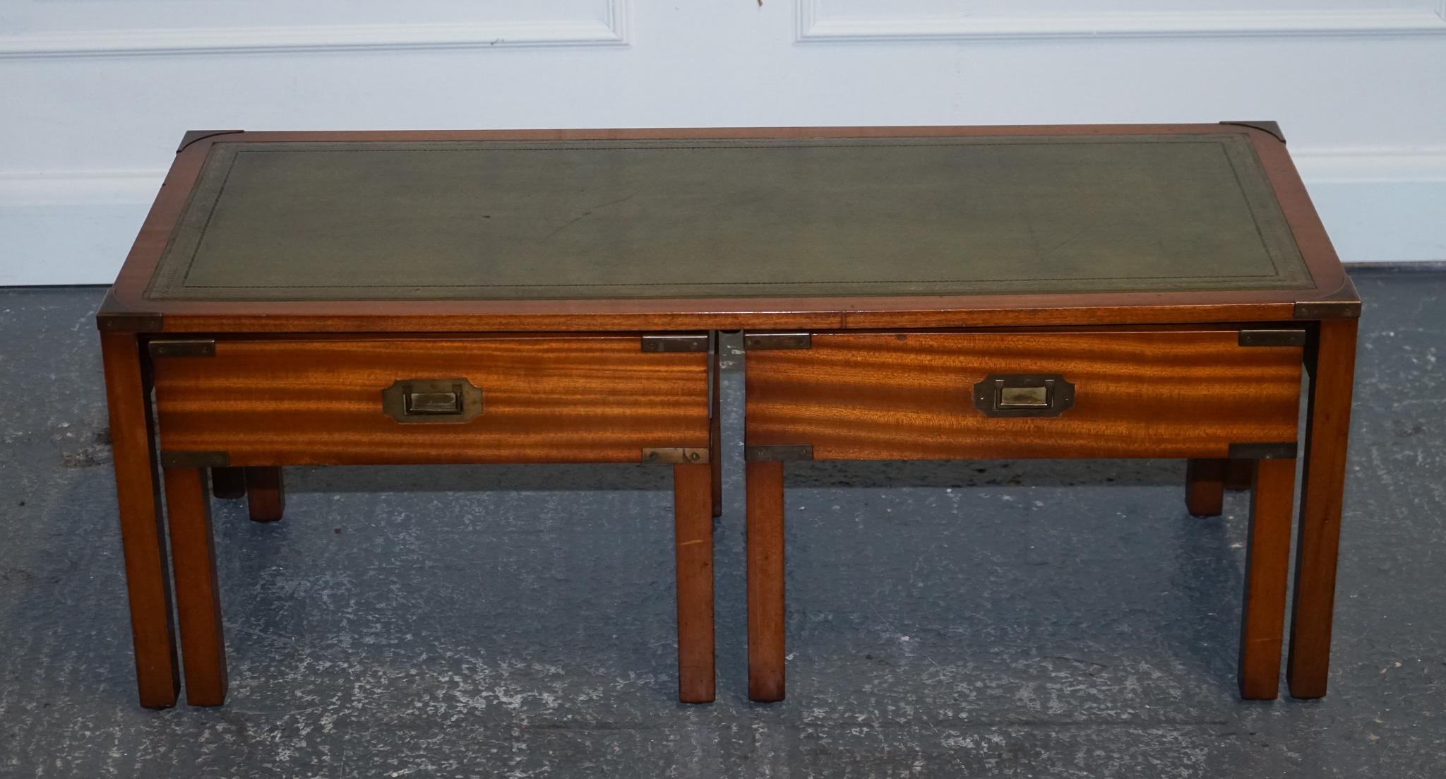 British BEVAN FUNNELL COFFEE TABLE WITH TWO SiDE UNDER TABLES GREEN LEATHER TOP For Sale