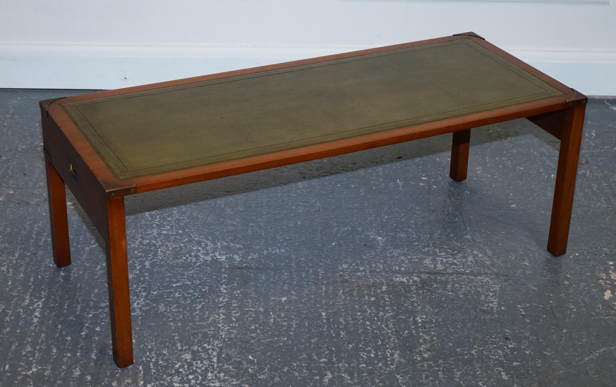 Hand-Crafted BEVAN FUNNELL COFFEE TABLE WITH TWO SiDE UNDER TABLES GREEN LEATHER TOP For Sale