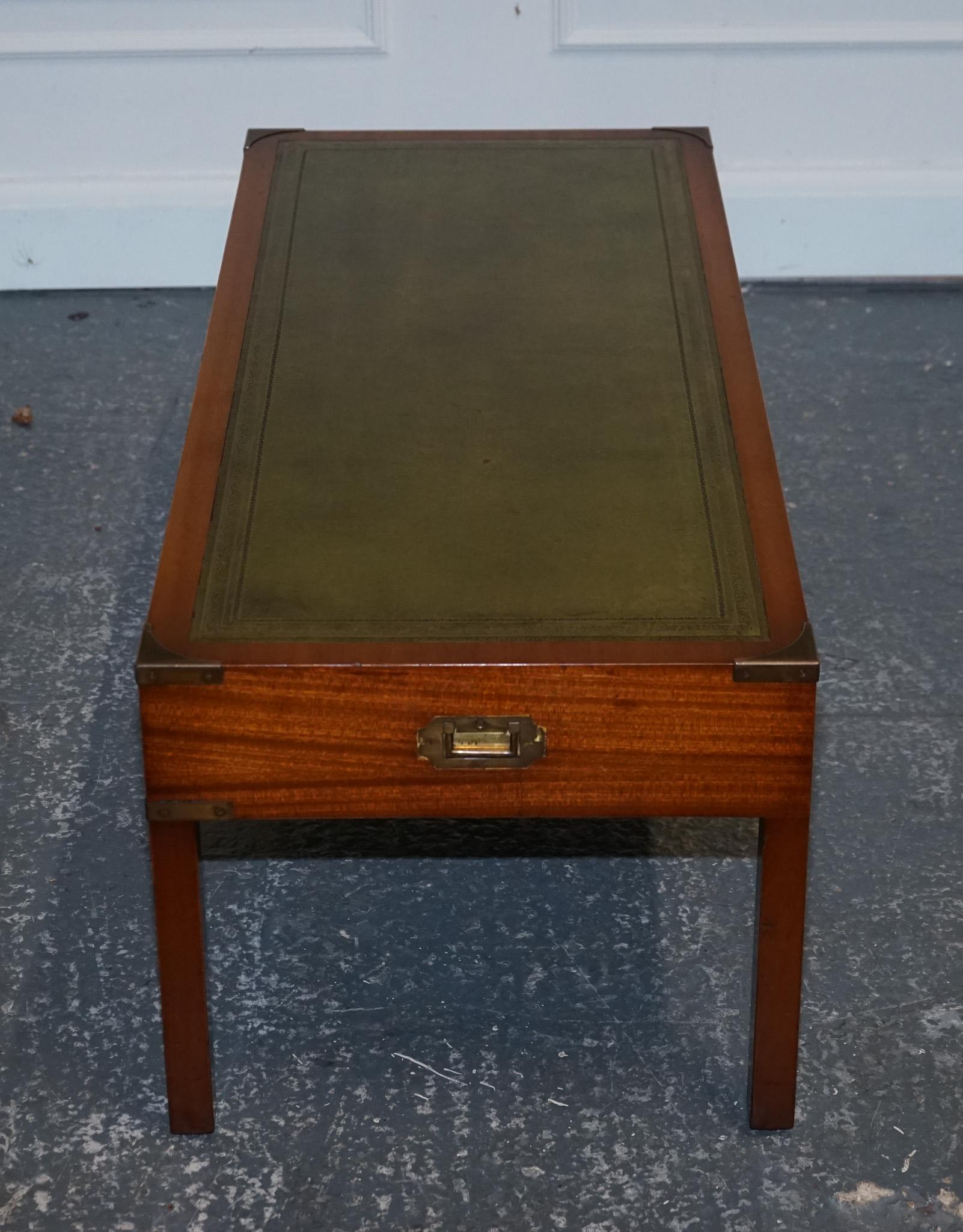 BEVAN FUNNELL COFFEE TABLE WITH TWO SiDE UNDER TABLES GREEN LEATHER TOP In Good Condition For Sale In Pulborough, GB