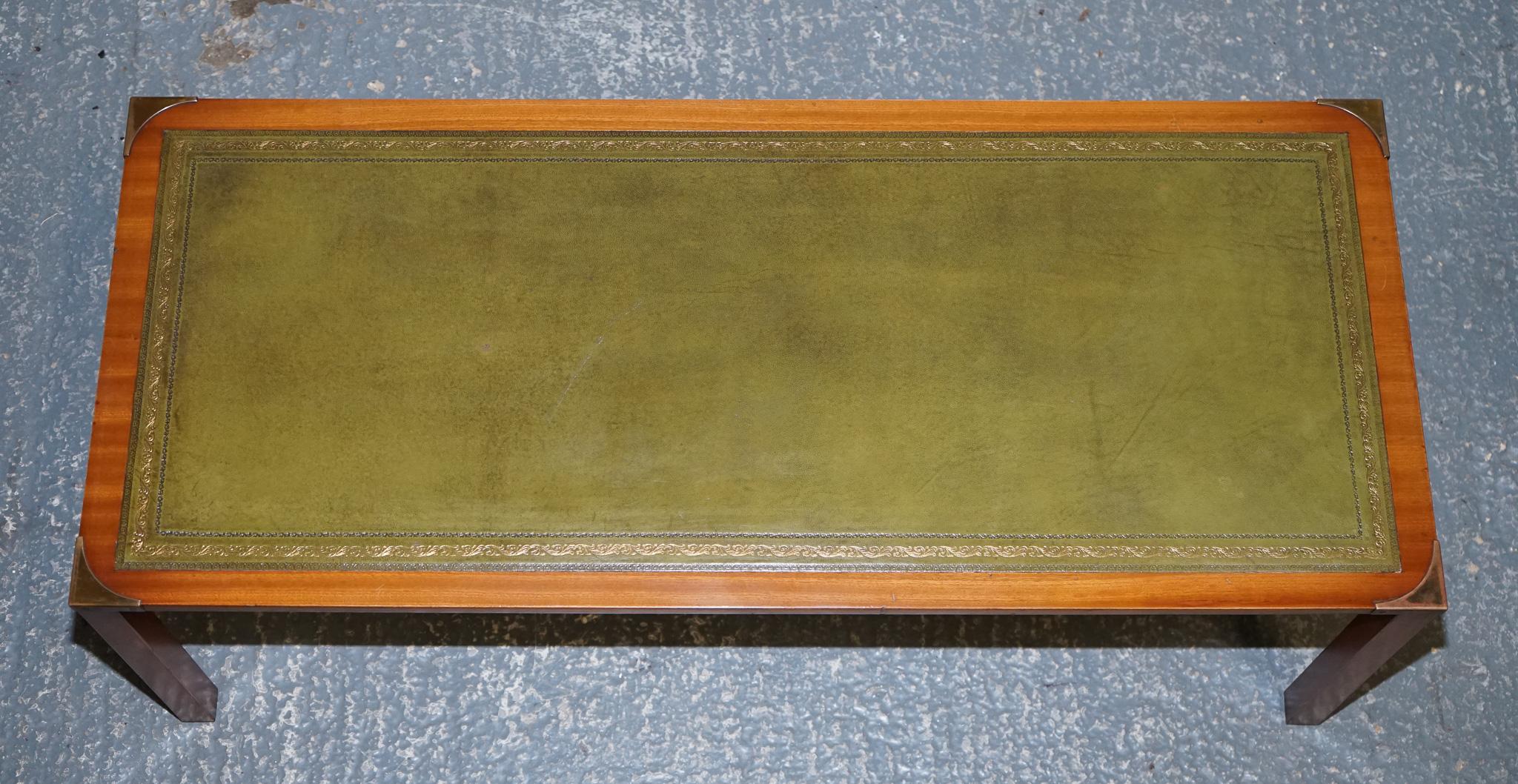BEVAN FUNNELL COFFEE TABLE WITH TWO SiDE UNDER TABLES GREEN LEATHER TOP For Sale 1