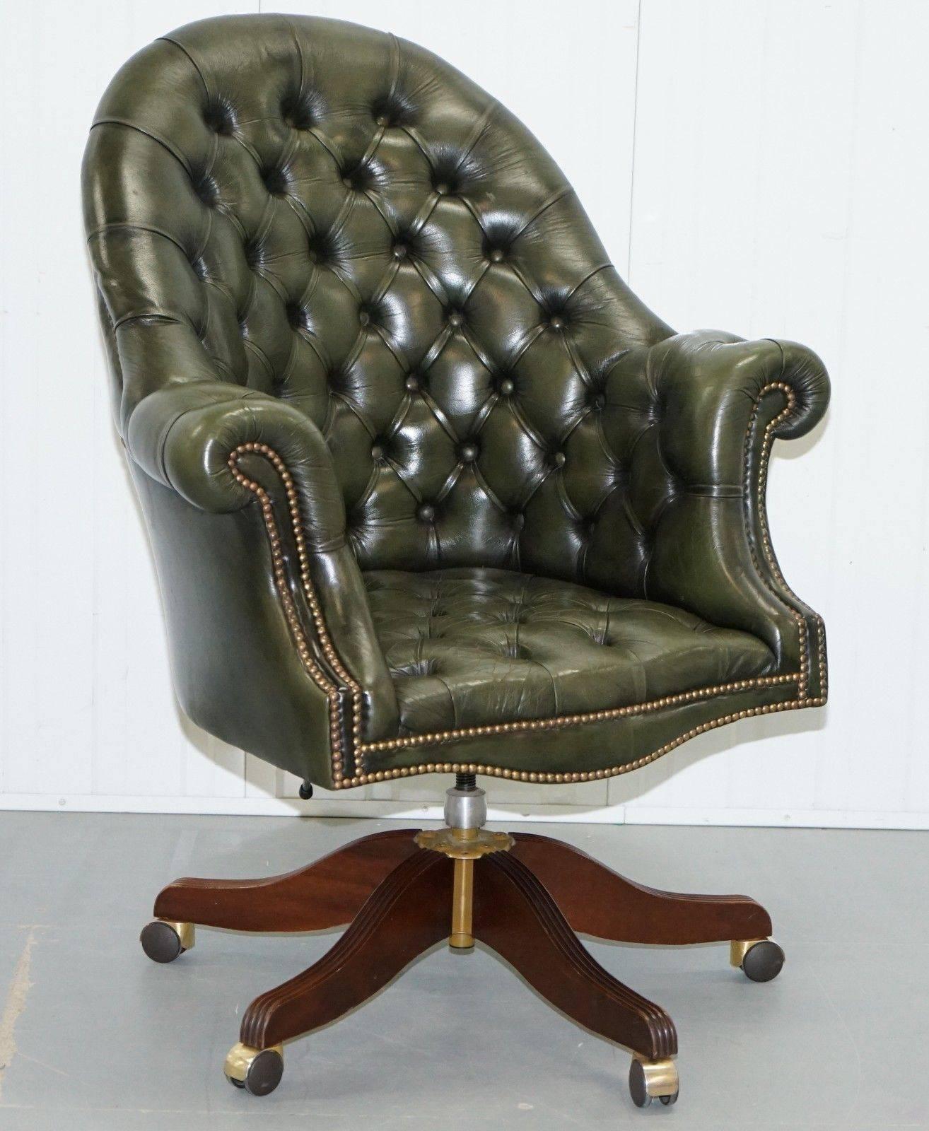 Bevan Funnell Directors Green Leather Chesterfield Captains Chair 2