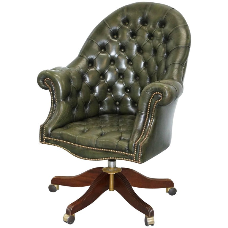 Bevan Funnell Directors Green Leather Chesterfield Captains Chair at