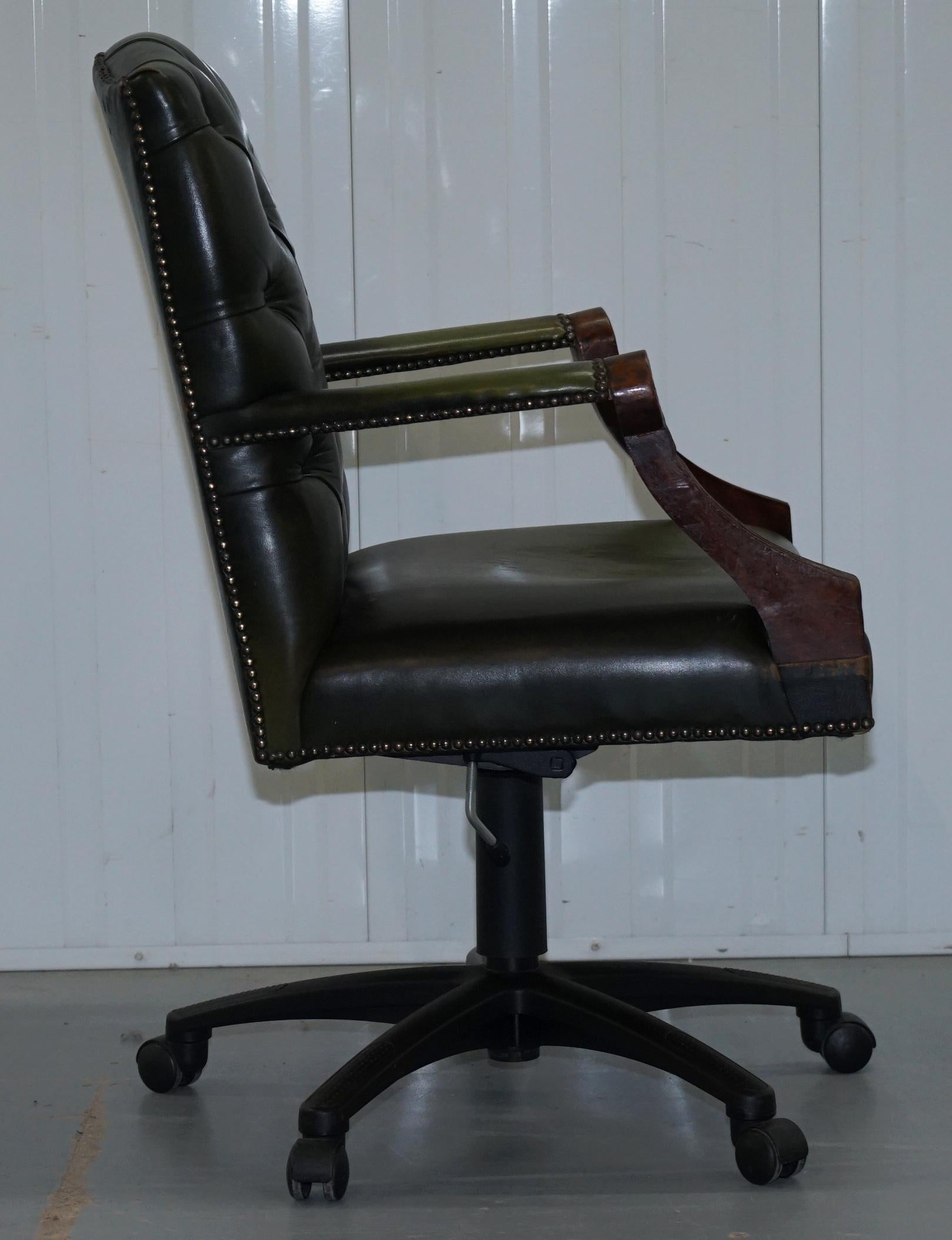 Bevan Funnell Directors Green Leather Chesterfield Captains Chair New Lift Base 3