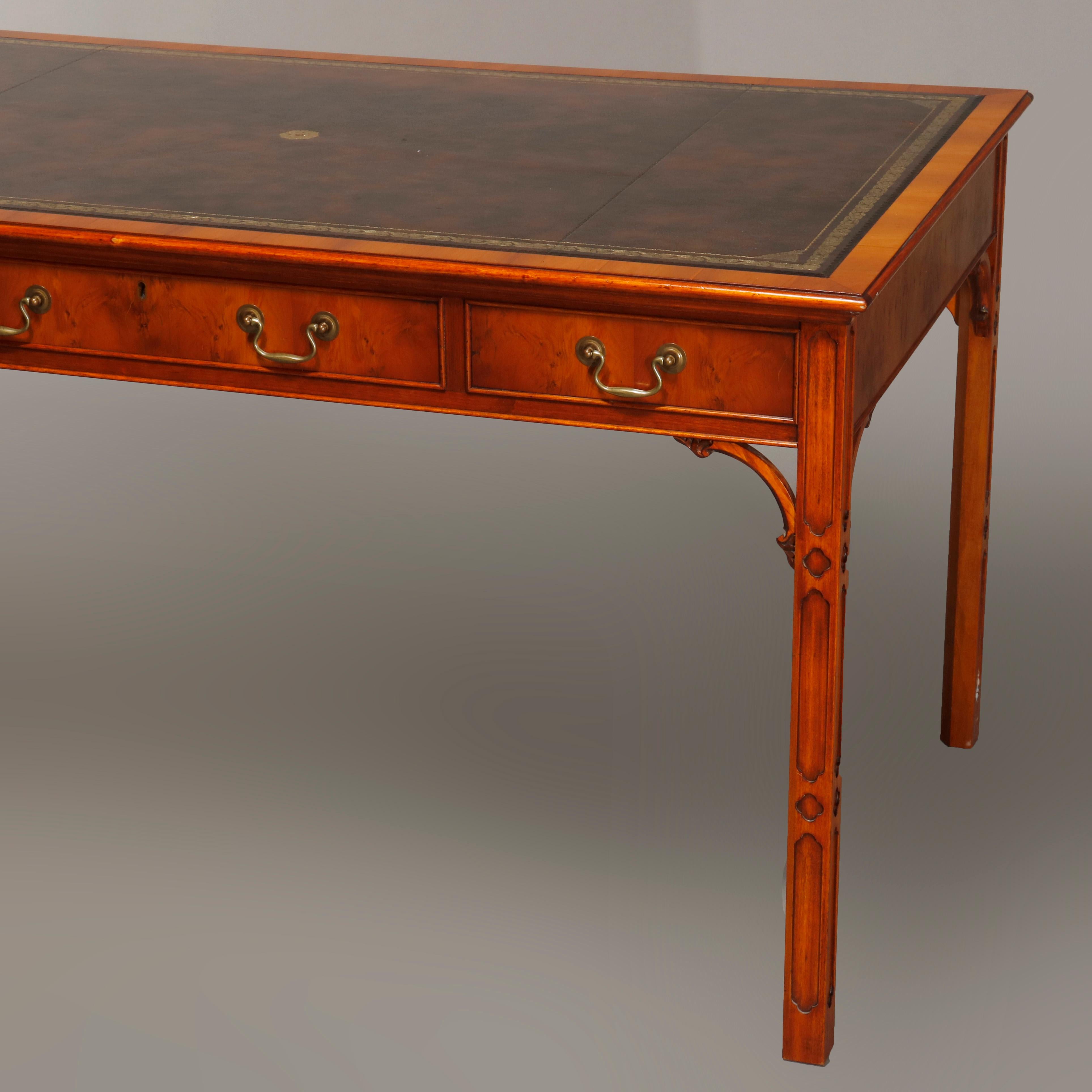 Carved Bevan Funnell English Chinese Chippendale Mahogany & Olivewood Desk, 20th C