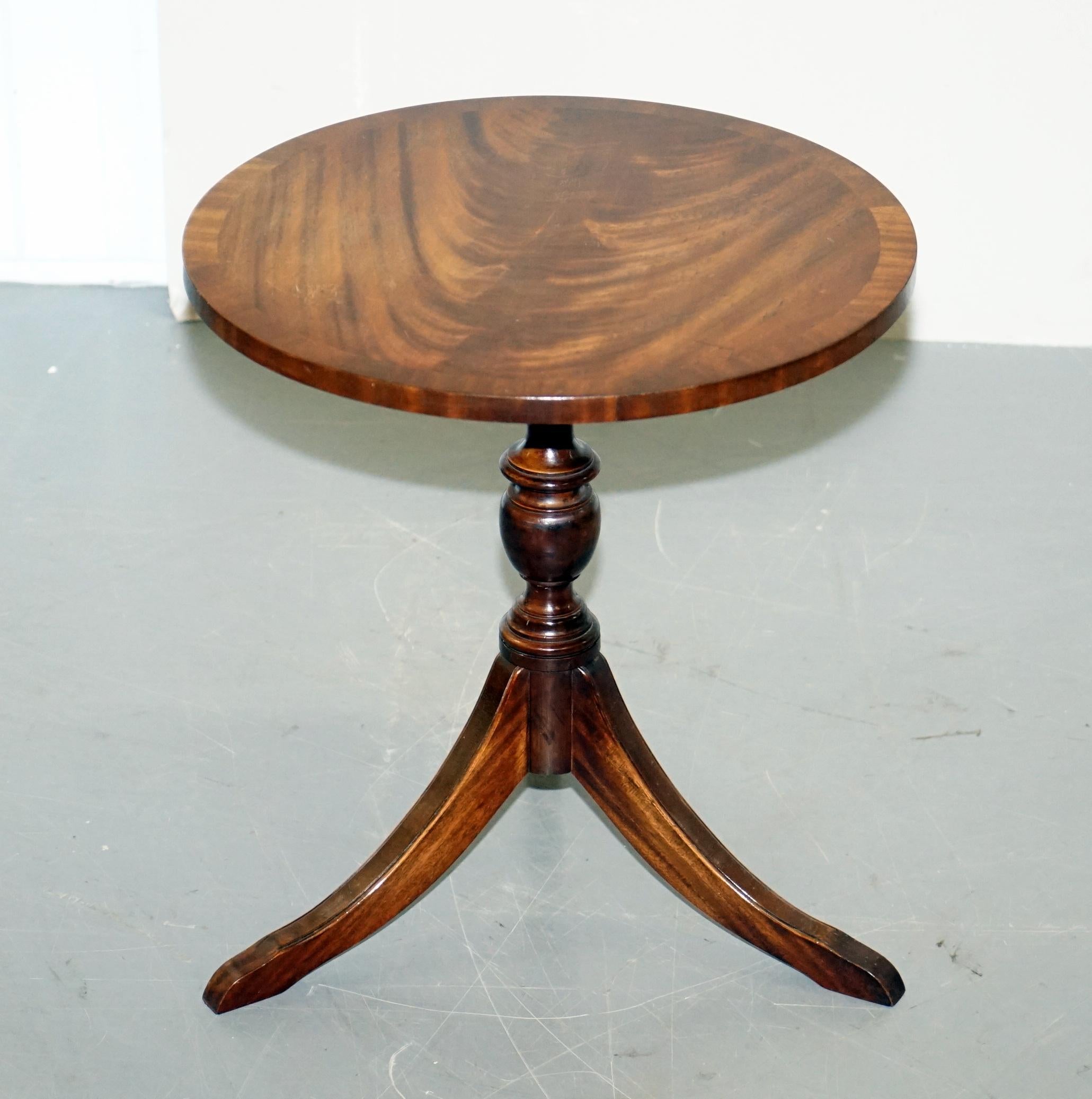 We are delighted to this lovely Bevan Funnell flamed mahogany Regency style side table

A very good looking and well-made piece, the timber patina to the top is glorious

We have cleaned waxed and polished it from top to bottom, it has normal