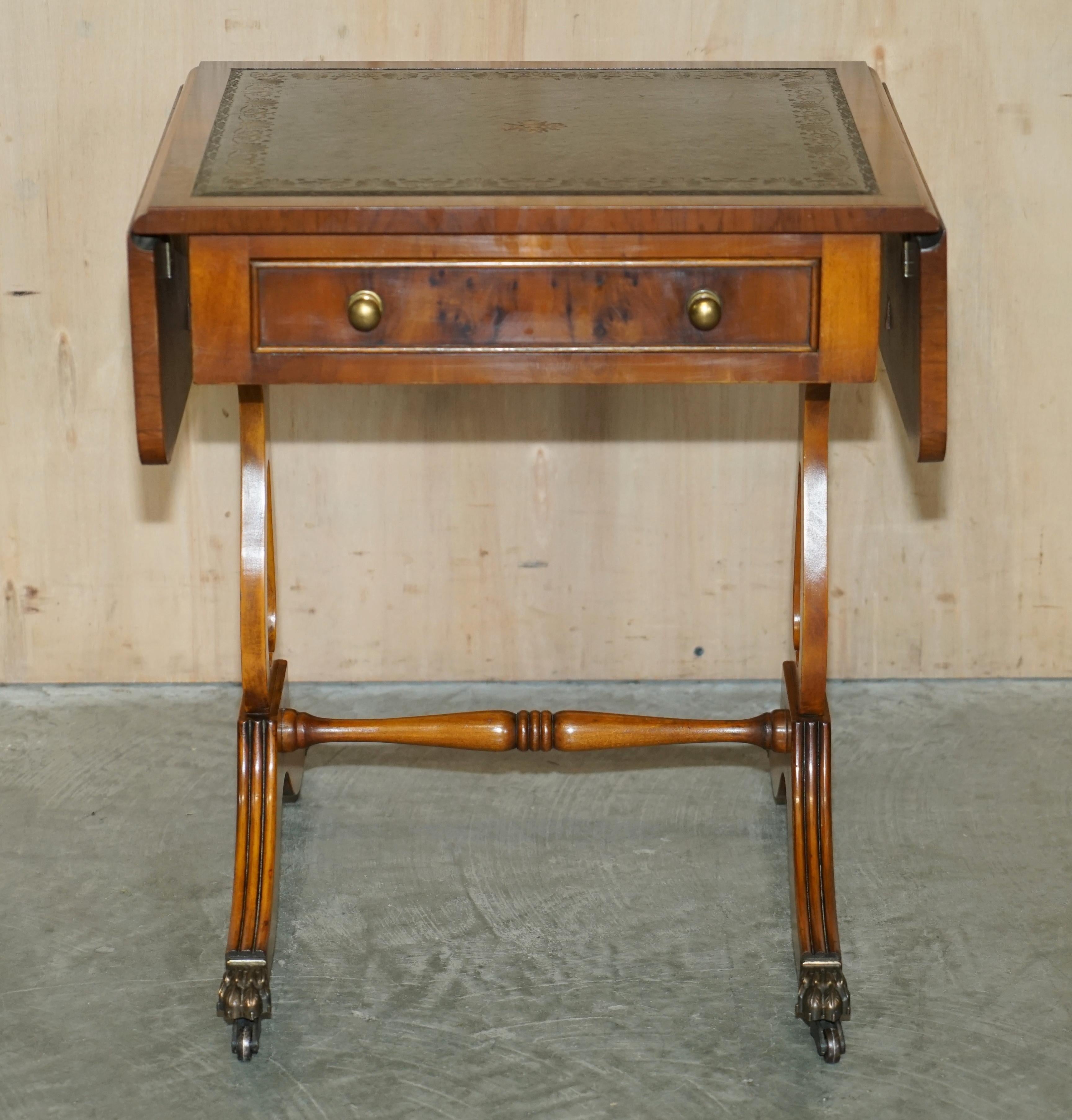 Victorian Bevan Funnell Green Leather Extending Burr Yew Wood Side End Lamp Card Table For Sale