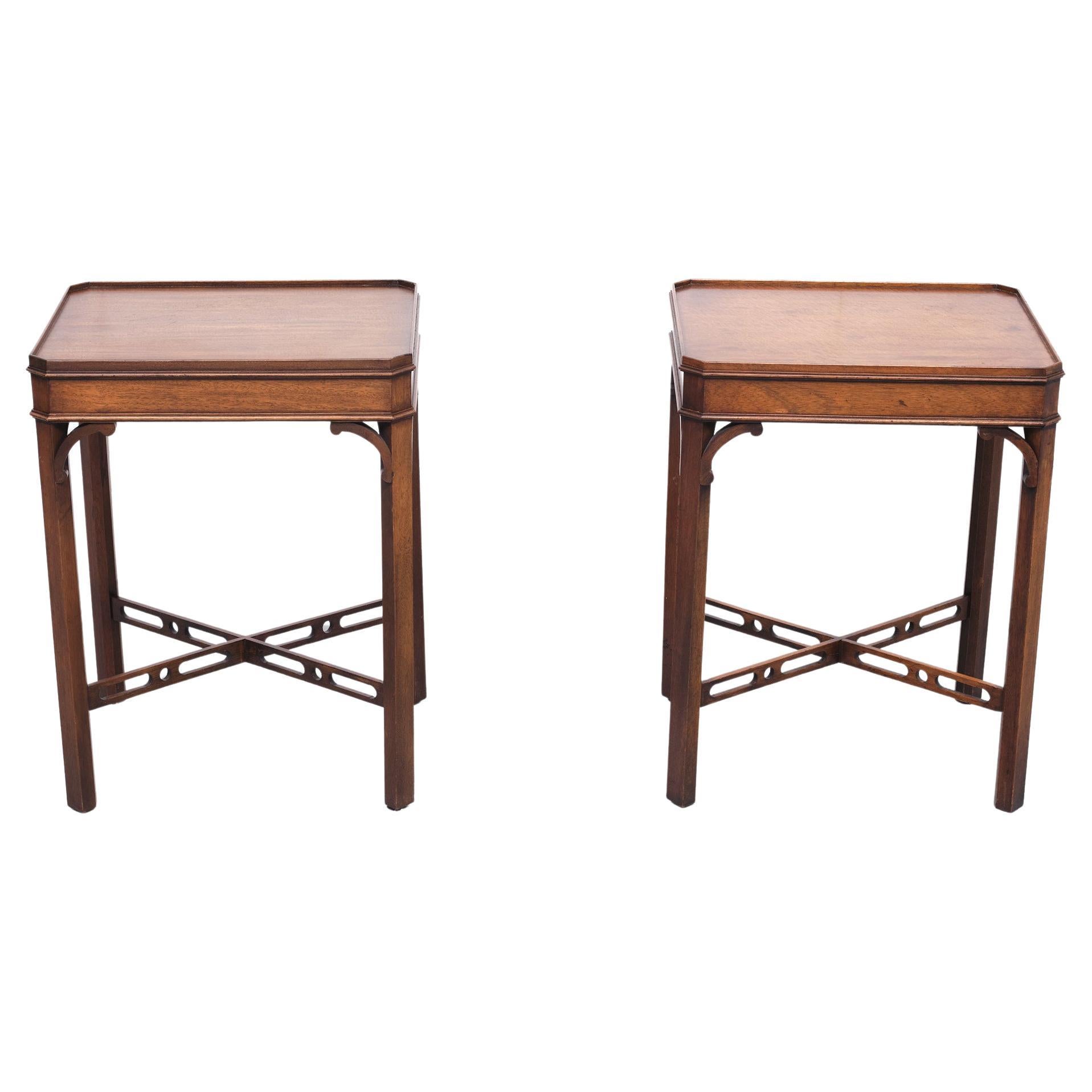 Good quality Bevan Funnell Reprodux Georgian revival side tables.
Having pierced cross legs. Beautiful set with slightly raised edges. Beautiful handmade side tables. Very nice warm color. Marked with labels at the bottom.

