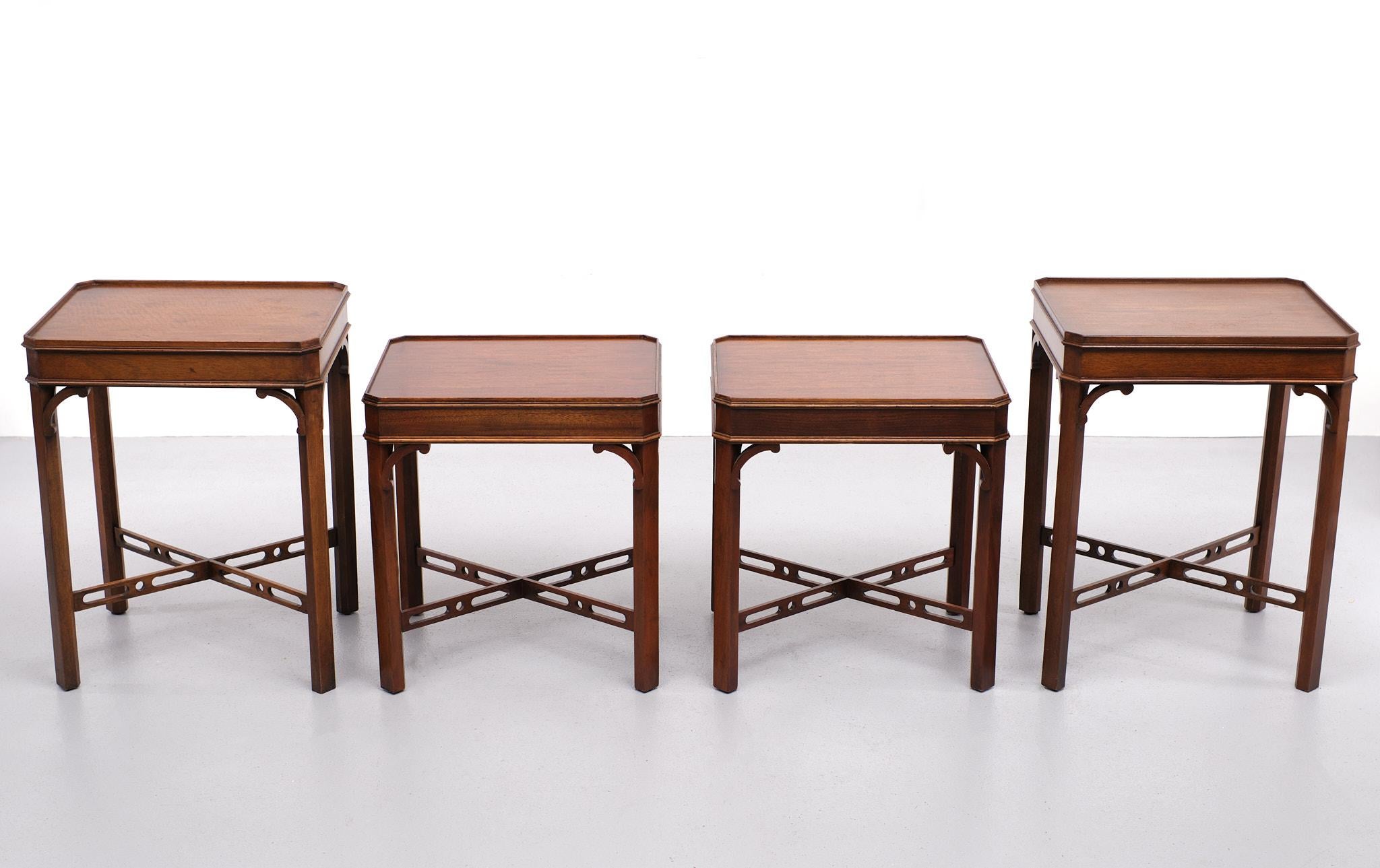 Good quality Bevan Funnell .Georgian revival side tables.
Having pierced cross legs. Beautiful set with slightly raised edges. Beautiful handmade side tables. Very nice warm color. Marked with labels at the bottom.
Four pieces available, two