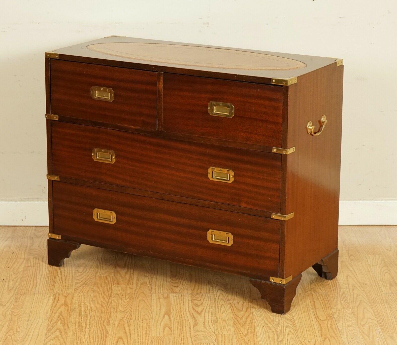 British Bevan Funnell Military Campaign Chest of Drawers with Brown Leather Inset Top