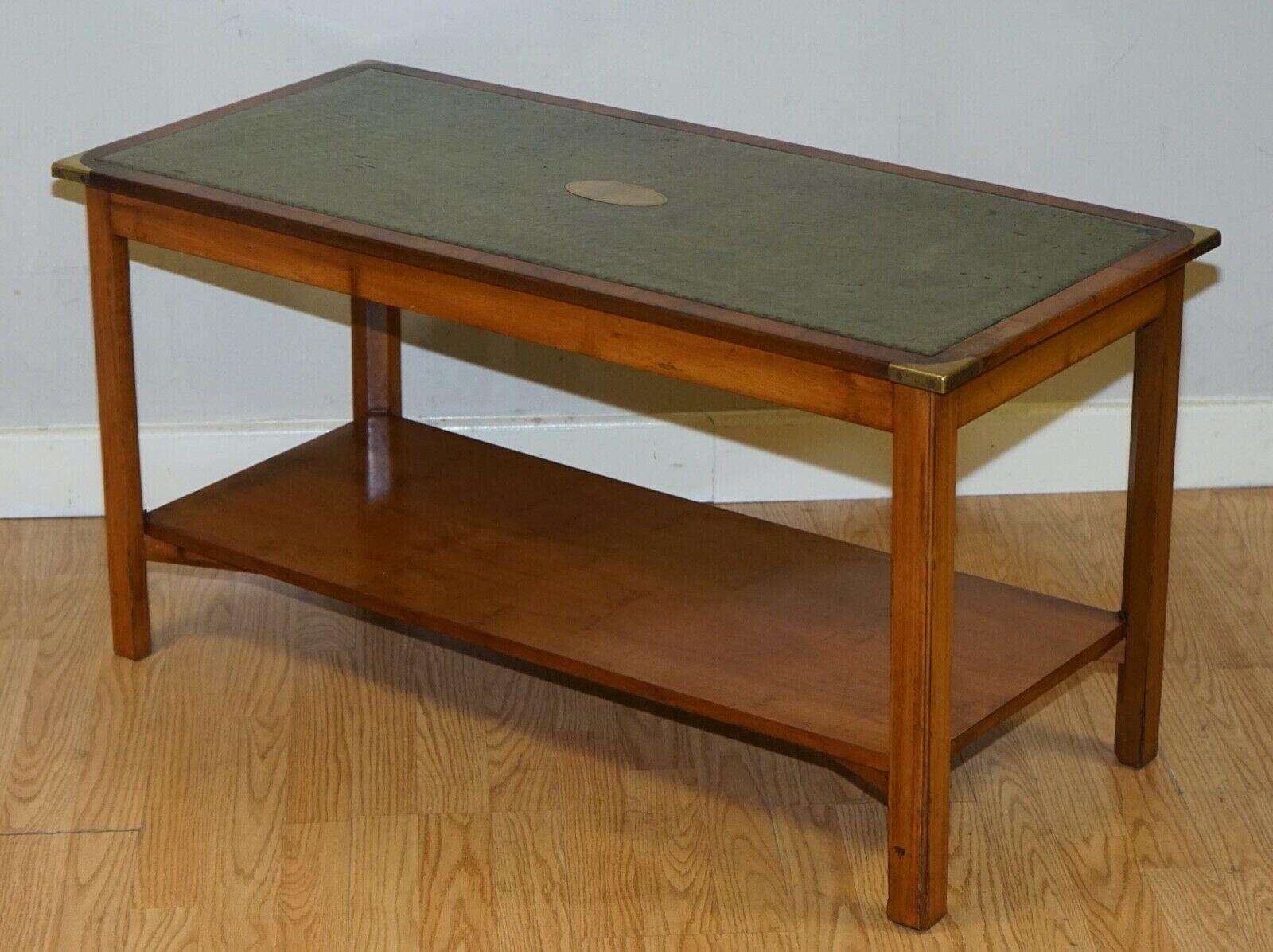 British Bevan Funnell Military Campaign Yew Wood Green Leather Top Coffee Table