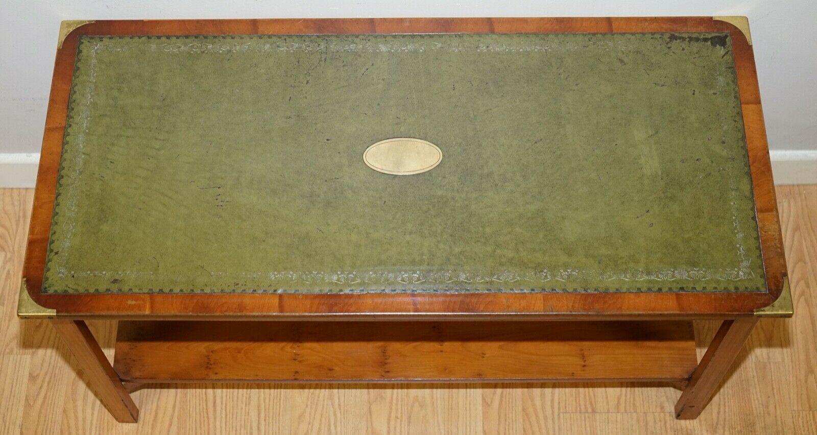 Hand-Crafted Bevan Funnell Military Campaign Yew Wood Green Leather Top Coffee Table