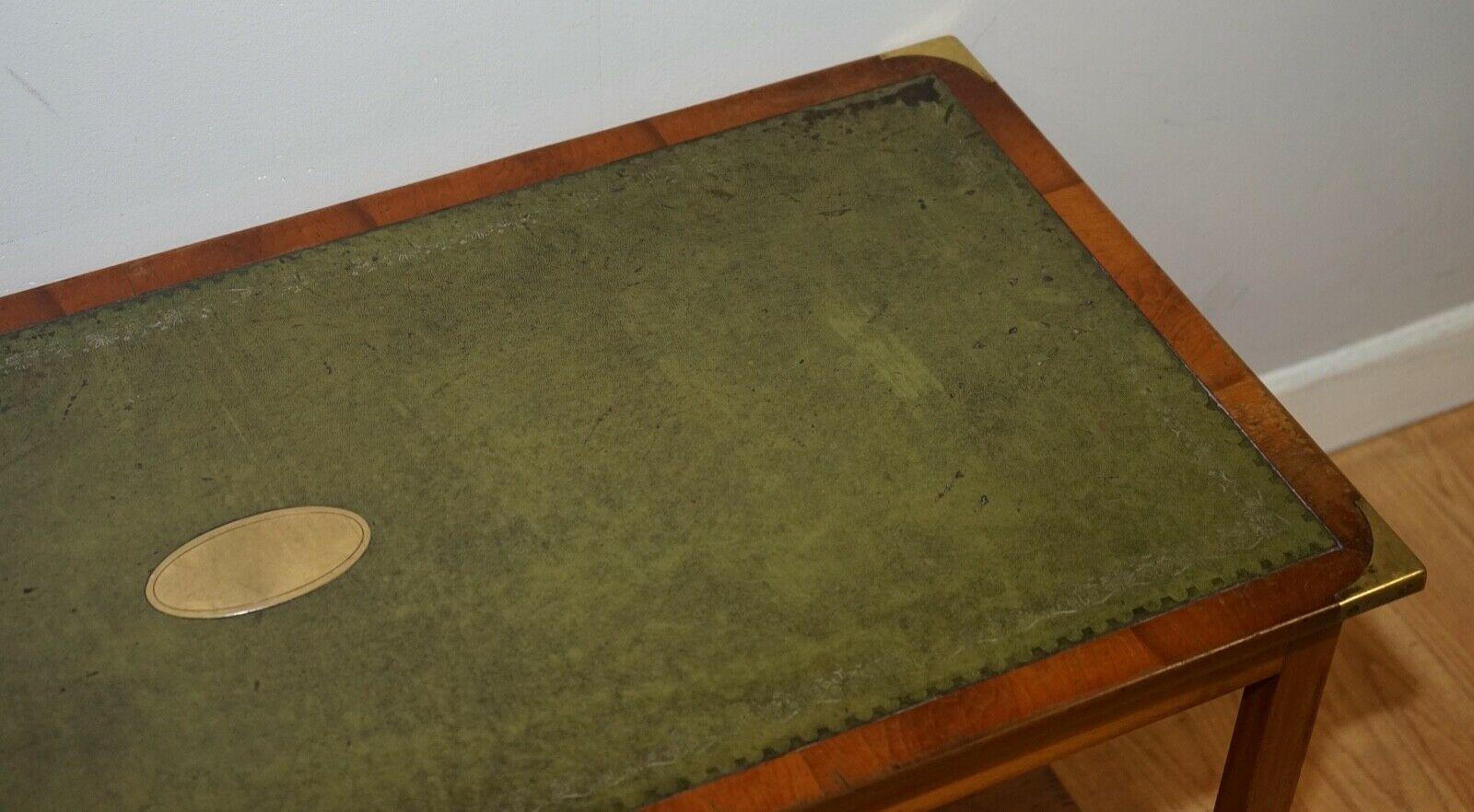 Hardwood Bevan Funnell Military Campaign Yew Wood Green Leather Top Coffee Table
