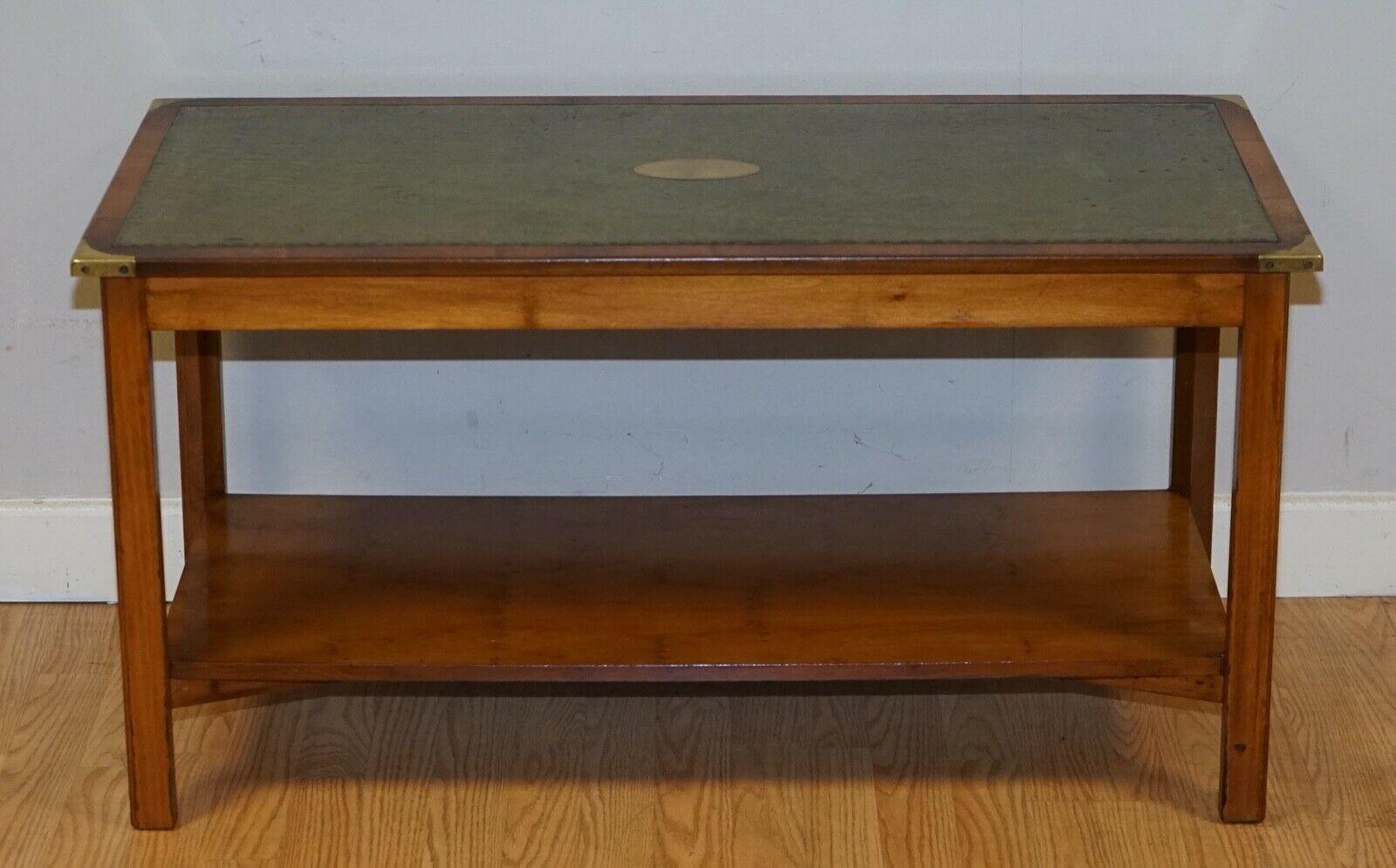 Bevan Funnell Military Campaign Yew Wood Green Leather Top Coffee Table 2