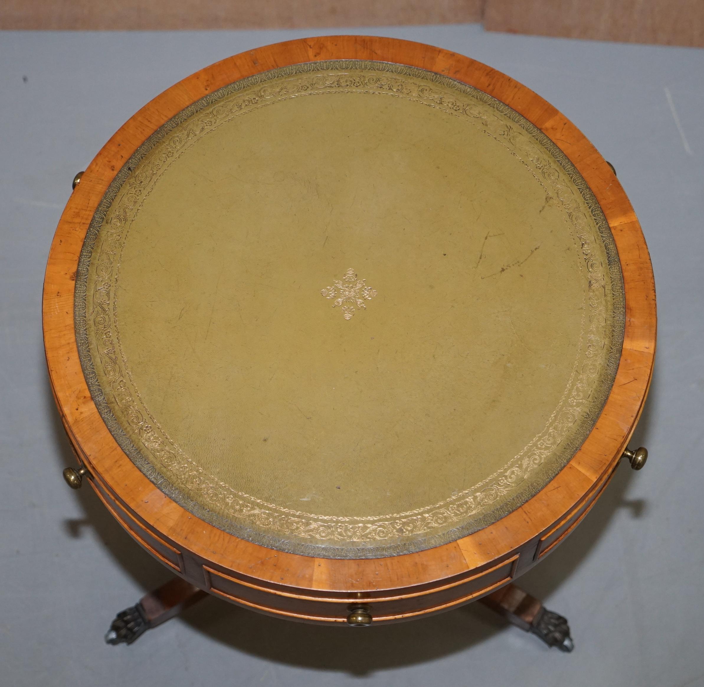 We are delighted to offer for sale this lovely Bevan Funnell mahogany with green leather gold leaf tooled top, regency style side drum table 

A very good looking and well made piece, the leather top is gold leaf embossed, the table has three nice