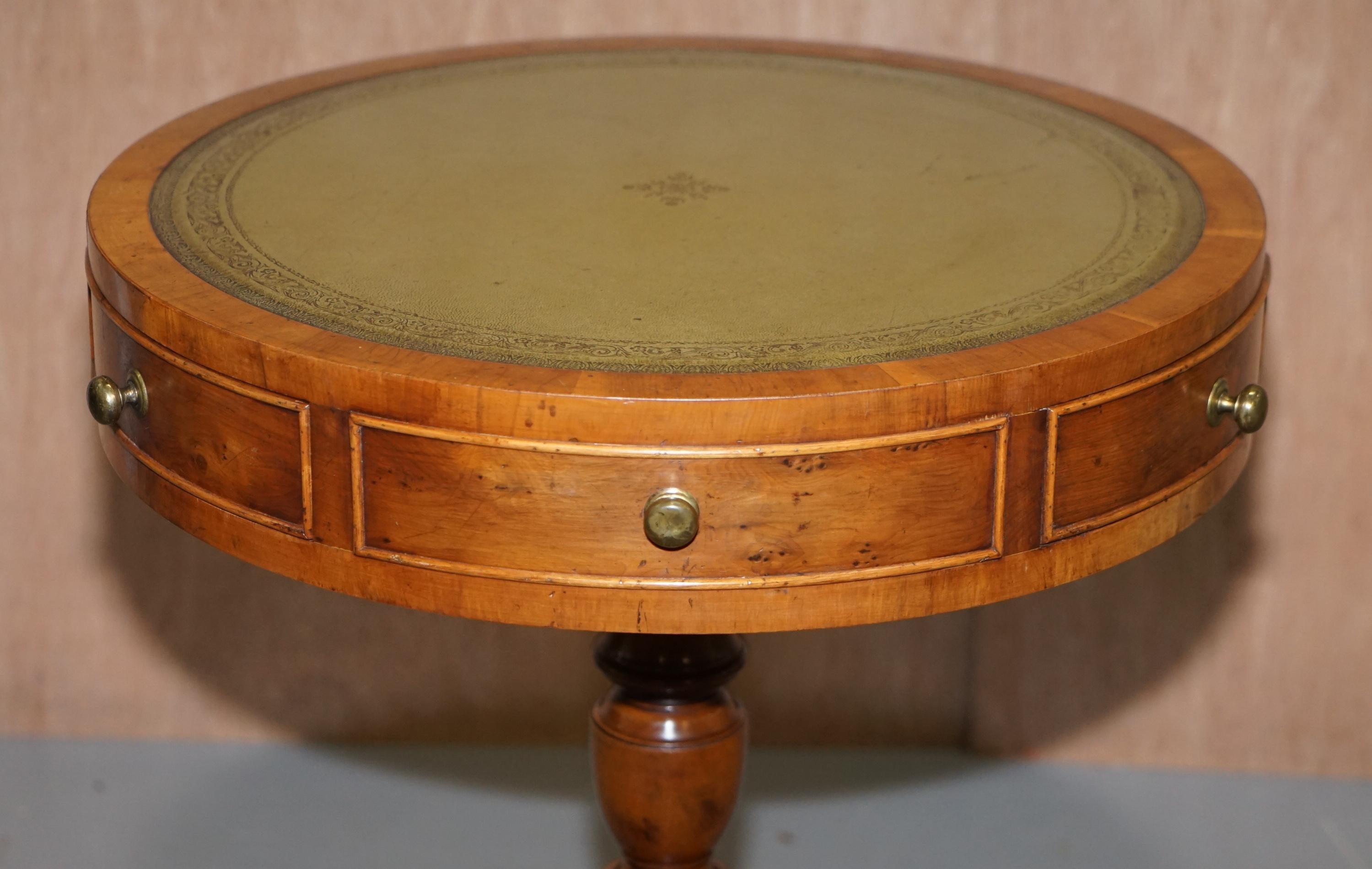 Bevan Funnell Pollard Oak Regency Green Leather Drum Side Lamp Wine Table Drawer 4