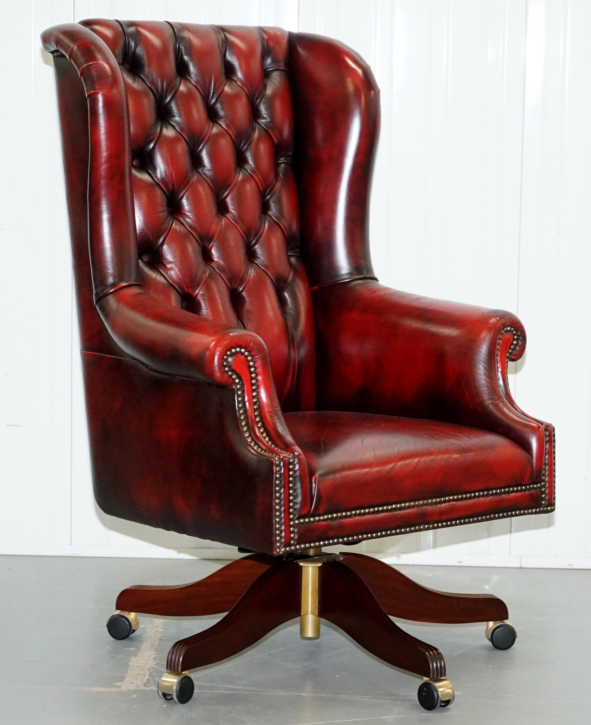 We are delighted to offer for sale this lovely RRP £3699 Bevan Funnell Presidents oxblood leather swivel office chair

I absolutely love this model of office chair, its as comfortable as your favourite wingback armchair but its used for work, what