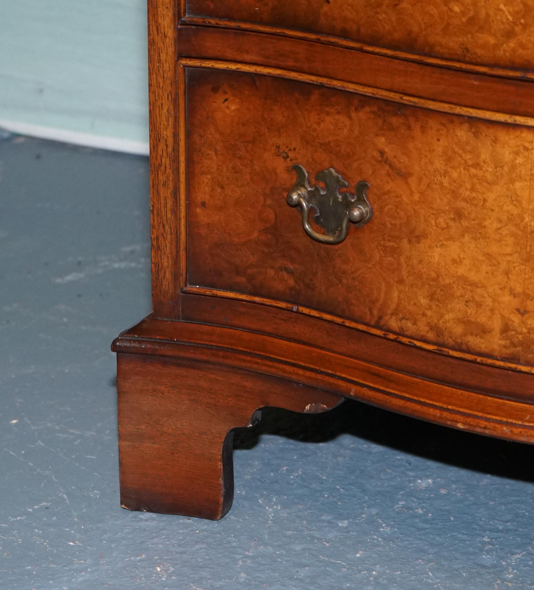 Walnut BEVAN FUNNELL REPRODUX BURR WALNUT SERPENTINE CHEST DRAWER BEDSIDE CABiNET For Sale